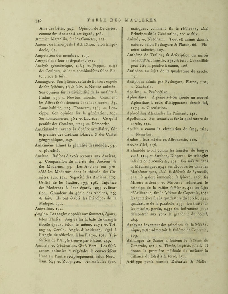 Ame des bêtes, 305. Opinion de Defcartes, connue des Anciens à cet égard, 306. Ammien Marcellin, fur les Comètes, 123. Amour, ou Principe de PAttraélion, félon Empé- docle, 82. Amputation des membres, 173. Amygdales; leur extirpation, 172. j Analyfe géométrique, 248 ; nj. Pappus, 249 : | des Couleurs, & leurs combinaifons félon Pla- ton, 102 & fuiv. Anaxagore. Son fyftème, celui de BufFon ; expofé de fon fyllême, 56 h fuiv. v. Nature animée. Son opinion fur la divilibilité de la matière à l’infini, 73; •i'. Newton, monde. Comment les Aflres fe foutiennent dans leur cours, 83. Lune habitée, 125. Tonnerre, 138; sy. Leu- cippe. Son opinion fur la génération, 205. Ses homæomeries, 56 ; Lucrèce. Ce qu’il penfoit des Comètes, 121 ; «v. Démocrite. Anaximandre invente la Sphère armillaire, fait le premier des Cadrans folaires, & des Cartes géographiques, 247. Anaximène admet la pluralité des mondes, 94; w. pluralité. Anciens. Raifons d’avoir recours aux Anciens, 4. Comparaifon du mérite des Anciens & des Modernes, 55. Les Anciens ont pré- cédé les Modernes dans la théorie des Co- mètes, 120, 124. Sagacité des Anciens, 125. Utilité de les étudier, 175, 198. Injuftice des Modernes à leur égard, 199; v. fitua- tion. Grandeur du génie des Anciens, 259 & fuiv. Ils ont établi les Principes de la Mufique, 272. Anévrifme, 172. ^ngles. Les angles oppofés aux fommets, égaux, félon Thalès. Angles fur la bafe du triangle ifocèle égaux, félon le même, 247; v. Tri- angles, Cercle, Angle, d’incidence, égal à l’Angle de réflexion, félon Platon, loi. Tri- fedion de l’.^ngle trouvé par Platon, 249. Animal; Génération, Œuf, Vers. Les fubf- tances animales & végétales fe convertilTent l’une en l’autre réciproquement, félon Need- ham, 64 ; Zoophytes. Animalcules fper- matiques, comment ils fe réfolvent, ihid. Principes de la Génération, 2CO & fuiv. Animé; t;. Needham. Tout eft animé dans la nature, félon Pythagore & Platon, 66. Pla- nètes animées, 107. Anthème de Tralles ; fa defcription du miroir ardent d’Archimède, 238, & fuiv. Connoiffoit peut-être la poudre à canon, 106. Antiphon au fujet de la quadrature du cercle, 231. Antipodes admis par Pythagore, Platon, no; v. Zacharie. Apelles ; v, Perfpedive. Aphorifmes. A peine a-t-on ajouté un nouvel Aphorifme à ceux d’Hippocrate depuis lui, 157 ; V. Circulation. Aphrodifiuj Alexander fur l’aimant, 148. Apollonius. Ses tentatives fur la quadrature du cercle, 232. Apulée a connu la circulation du fang, 161 ; V. Nemefius. Arabes ; leur mérite en Aflronomie, 220. Arc-en-Ciel, 136. Archimède a-t-il connu les lunettes de longue vue? 114; w. Strabon, Dioptre ; fes triangles infcrits ou circonfcrits, 251 : fon mérite dans la Méchanique, 254 ; fes découvertes dans les Mathématiques, ièid. fa défenfe de Syracufe, 255 : fa galère immenfe : fa fphère, 256 : fes Miroirs ardens ; v. Miroirs : admettoit le principe de la raifon fuffifante, 42 : au fujet d’Ariftarque, fur le fyllême de Copernic, 107: fes tentatives fur la quadrature du cercle, 232; quadrature de la parabole, 233 : fon traité fur les miroirs, perdu, 243 : fes inllrumenS pour démontrer aux yeux la grandeur du Soleil, 264. Archytas Inventeur des principes de la Mécha- nique, 248 : admettoit le fyllême de Copernic, 109. Arillarque de Samos a foutenu le fyflêmè de Copernic, 107 ; v. Timée, impiété, foleil. Il donna la première méthode de mefurer la dillance du foleil à la terre, 252. Arillippe penfa comme Defcartes & Malle-