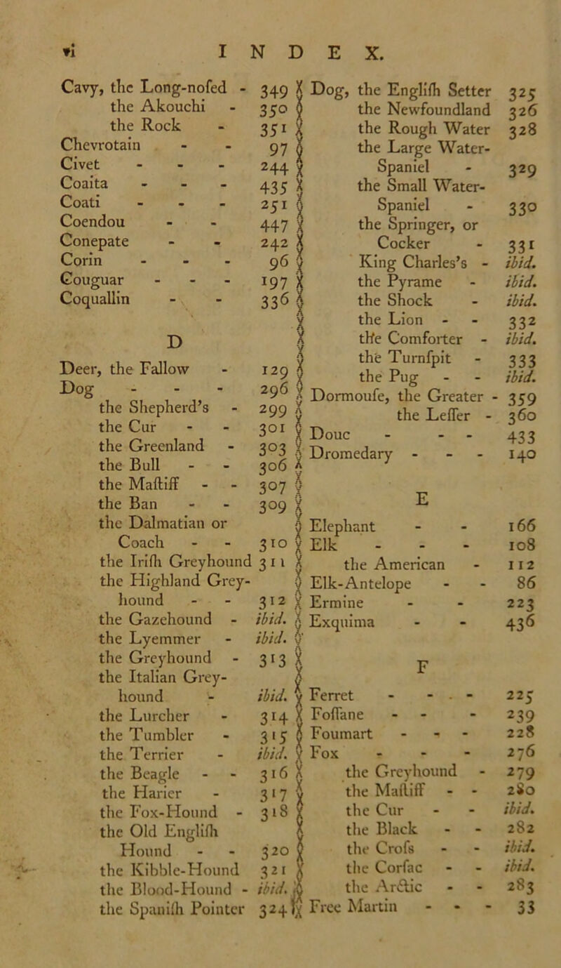 Cavy, the Long-nofed - 349 jj the Akouchi 35° 9 the Rock 351 X Chevrotain 97 0 Civet - 244 X Coaita ... 435 X Coati ... 251 | Coendou 447 X Conepate 242 X Corin ... 96 Q Gouguar - '91 X Coquallin 336 | V D I X Deer, the Fallow 129 X Dog 296 9 the Shepherd’s 299 X the Cur 3QI 9 the Greenland 3°3 X the Bull 306 a the Maftiff 307 9 the Ban 3°9 x the Dalmatian or V 0 Coach 310 V the Irilh Greyhound 311 X the Highland Grey- X hound 312 X the Gazehound - ibid. X the Lyemmer ibid, v the Greyhound 313 | the Italian Grey- | hound - ibid. \ the Lurcher 3r4 X the Tumbler 315 \ the Terrier ibid. V the Beagle 316 ! the Flarier 317 y the Fox-Hound - 3l8 X the Old Englifli A Hound 32° X the Kibble-Hound 3 2 1 f the Blood-Hound - ibid. the Spanilh Pointer 324»X Dog, the Englifh Setter 325 the Newfoundland 326 the Rough Water 328 the Large Water- Spaniel 329 the Small Water- Spaniel 33° the Springer, or Cocker 331 King Charles’s - ibid. the Pyrame ibid. the Shock ibid. the Lion 332 the Comforter - ibid. the Turnfpit 333 the Pug ibid. Dormoufe, the Greater - 359 the Lefler - 36° Douc - - - 433 Dromedary - 140 E Elephant 166 Elk 108 the American 112 Elk-Antelope 86 Ermine 223 Exquima 436 F Ferret - - - - 22 5 Folia ne - - 239 Foumart -> 228 Fox - - - 276 the Greyhound 279 the Mailiff 2S0 the Cur ibid. the Black 282 the Crofs ibid. the Corfac ibid. the Arftic 283 Free Martin ... 33