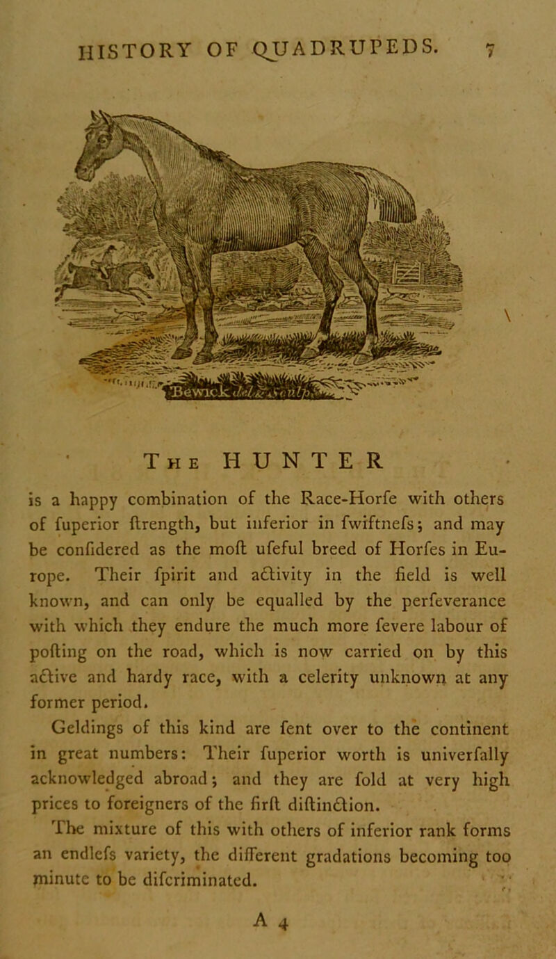 The HUNTER is a happy combination of the Race-Horfe with others of fuperior ftrength, but inferior in fwiftnefs; and may be confidered as the mod ufeful breed of Horfes in Eu- rope. Their fpirit and activity in the field is well known, and can only be equalled by the perfeverance with which they endure the much more fevere labour of porting on the road, which is now carried on by this adbive and hardy race, with a celerity unknown at any former period. Geldings of this kind are fent over to the continent in great numbers: Their fuperior worth is univerfally acknowledged abroad; and they are fold at very high prices to foreigners of the firft diftindlion. The mixture of this with others of inferior rank forms an endlefs variety, the different gradations becoming too minute to be difcriminated.