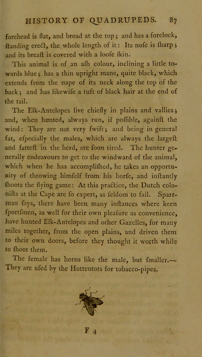 forehead is flat, and broad at the top ; and has a forelock, (landing ere£l, the whole length of it: Its nofe is (harp ; and its bread is covered with a loofe (kin. This animal is of an afli colour, inclining a little to- wards blue; has a thin upright mane, quite black, which extends from the nape of its neck along the top of the back; and has likewife a tuft of black hair at the end of the tail. The Elk-Antelopes live chiefly in plains and vallies; and, when hunted, always run, if podible, againd the wind: They are not very fwift; and being in general fat, efpecially the males, which are always the larged and fatted in the herd, are foon tired. The hunter ge- nerally endeavours to get to the windward of the animal, which when he has accompliflied, he takes an opportu- nity of throwing himfelf from his horfe, and indantly (hoots the flying game: At this pra£lice, the Dutch colo- nids at the Cape are fo expert, as feldom to fail. Sparr- man fays, there have been many indances where keen fportfmen, as well for their own pleafure as convenience, have hunted Elk-Antelopes and other Gazelles, for many miles together, from the open plains, and driven them to their own doors, before they thought it worth while to dioot them. The female has horns like the male, but fmaller.—• They are ufed by the Hottentots for tobacco-pipes.