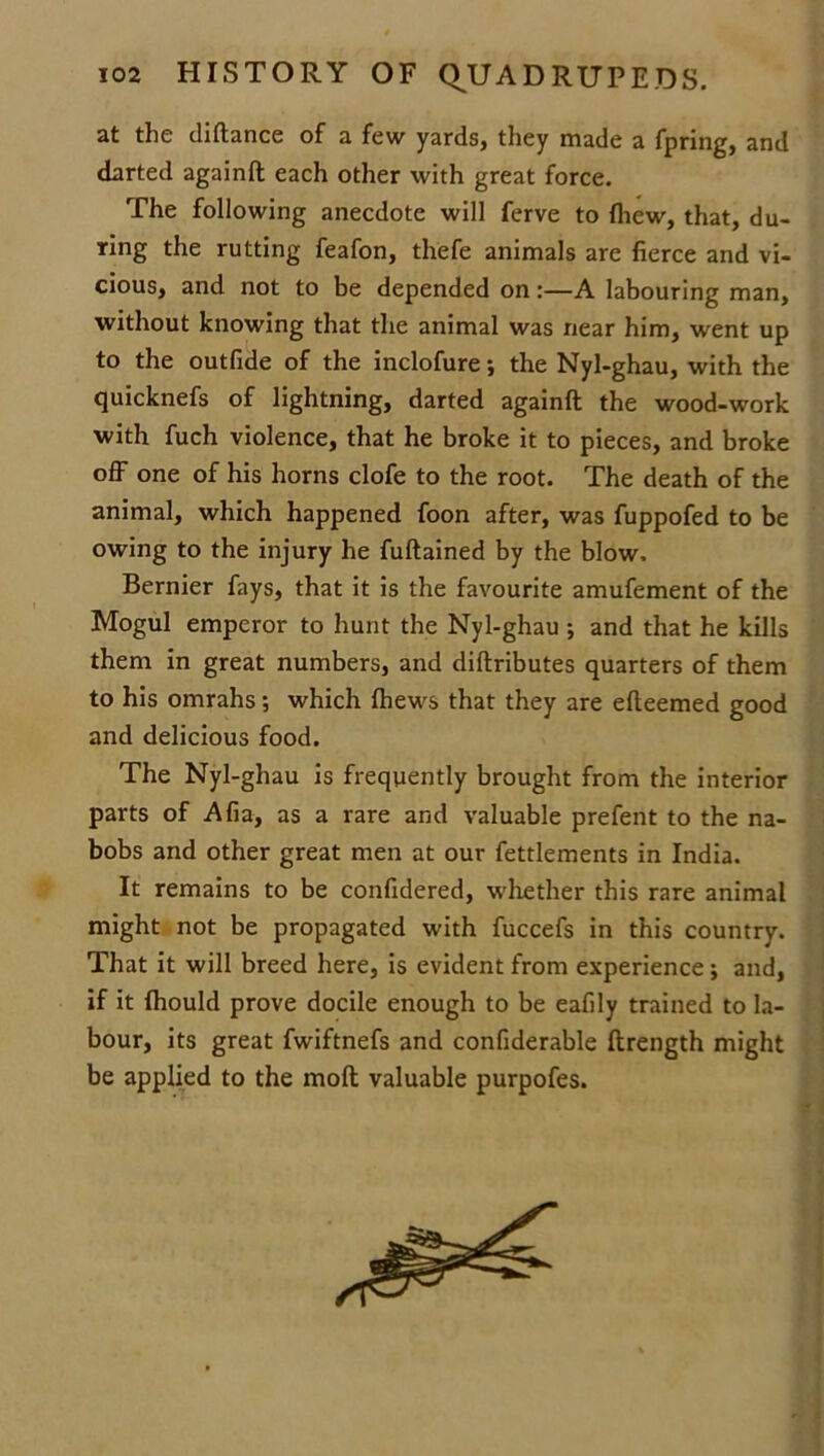 at the diftance of a few yards, they made a fpring, and darted againft each other with great force. The following anecdote will ferve to {hew, that, du- ring the rutting feafon, thefe animals are fierce and vi- cious, and not to be depended on:—A labouring man, without knowing that the animal was near him, went up to the outfide of the inclofure •, the Nyl-ghau, with the quicknefs of lightning, darted againft the wood-work with fuch violence, that he broke it to pieces, and broke off one of his horns clofe to the root. The death of the animal, which happened foon after, was fuppofed to be owing to the injury he fuftained by the blow, Bernier fays, that it is the favourite amufement of the Mogul emperor to hunt the Nyl-ghau ; and that he kills them in great numbers, and diftributes quarters of them to his omrahs; which (hews that they are efteemed good and delicious food. The Nyl-ghau is frequently brought from the interior parts of Afia, as a rare and valuable prefent to the na- bobs and other great men at our fettlements in India. It remains to be confidered, whether this rare animal might not be propagated with fuccefs in this country. That it will breed here, is evident from experience; and, if it fhould prove docile enough to be eafily trained to la- bour, its great fwiftnefs and confiderable ftrength might be applied to the moft valuable purpofes.