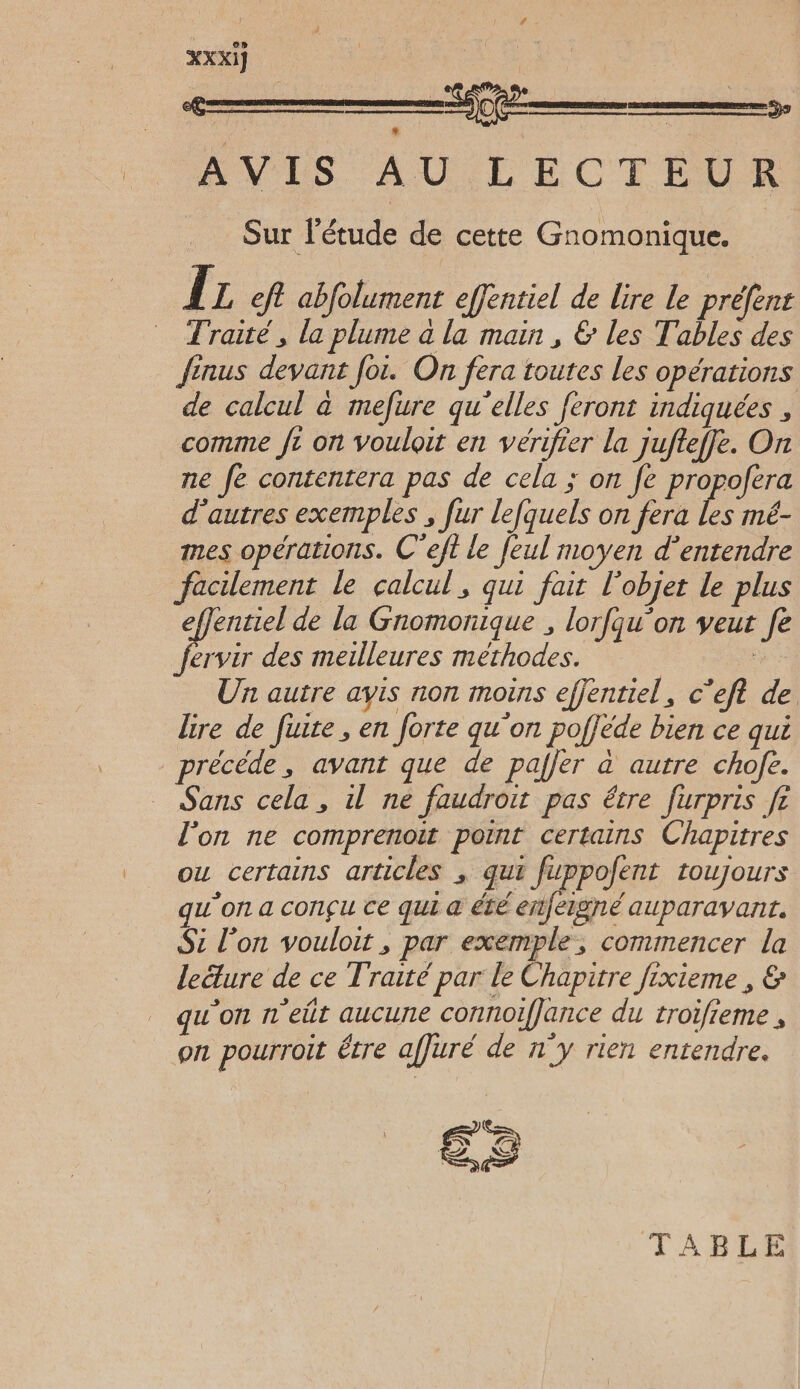 AVIS AUTECTENR Sur l'étude de cette Gnomonique. di I L cft abfolument effentiel de lire le préfent Traité, la plume a la main, & les Tables des finus devant foi. On fera toutes les opérations de calcul à mefure qu'elles feront indiquées , comme ft on vouloit en vérifier la jufteffe. On ne fe contentera pas de cela ; on fe propofera d’autres exemples , fur lefquels on fera les mé- mes opérations. C’eft le feul moyen d'entendre facilement le calcul, qui fait l'objet le plus effentiel de la Gnomonique , lorfqu'on veut fe fervir des meilleures méthodes. : Un autre avis non moins effentiel, c’eft de lire de fuite, en forte qu'on pofféde bien ce qui précède, avant que de paffer à autre chofe. Sans cela , il ne faudroir pas être furpris ft l'on ne comprenoit point certains Chapitres ou certains articles , qui fuppofent toujours qu'on a conçu ce qui a été enfergné auparavant. Si l’on vouloit, par exemple, commencer la lelure de ce Traité par le Chapitre fixieme , & do n'eût aucure connoifJance du troifieme , on pourroit étre affuré de n'y rien entendre. > à TABLE