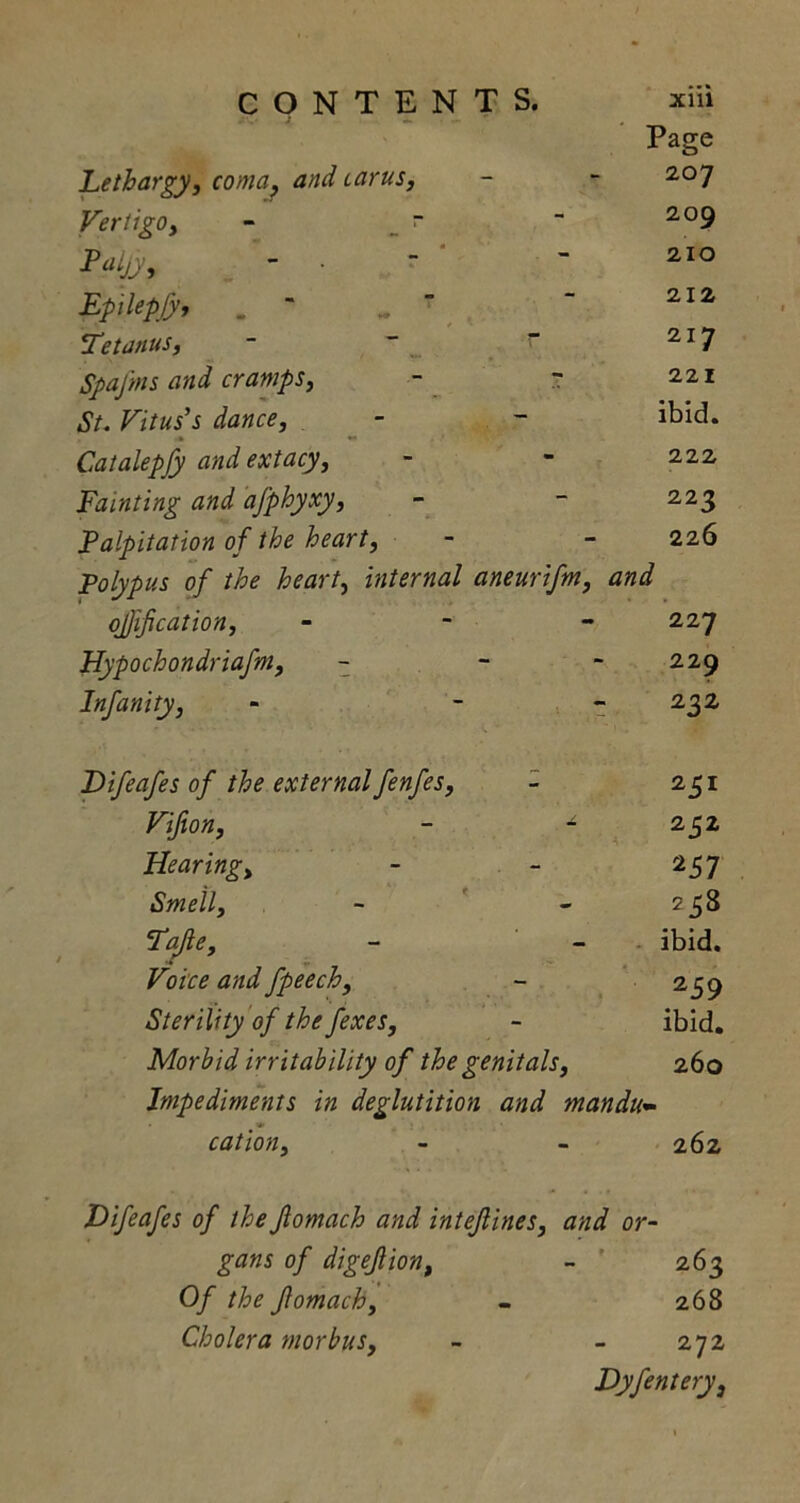 Page Lethargy, coma, and tarns, 207 Vertigo, - “ 209 210 Epilepjy, . .. 7 212 Tetanus, 217 Spajms and cramps, 221 St. Vitus’s dance, ibid. Catalepfy and extacy, 222 Fainting and afphyxy, 223 Palpitation of the heart. 226 polypus of the heart, internal aneurtfm , and ojfification, 227 Hypochondriafm, - 229 Infanity, 232 Difeafes of the external fenfes, Vijion, - - 252 Hearing, 257 Smell, 258 Tafle, ibid. Voice and fpeech, 259 Sterility of the fexes, ibid. Morbid irritability of the genitals, 260 Impediments in deglutition and mandu- cation. 262 Difeafes of the Jlomach and intejlines, and or- gans of digejlion, 263 Of the Jlomach, 268 Cholera morbus, 272 Dyfentery,