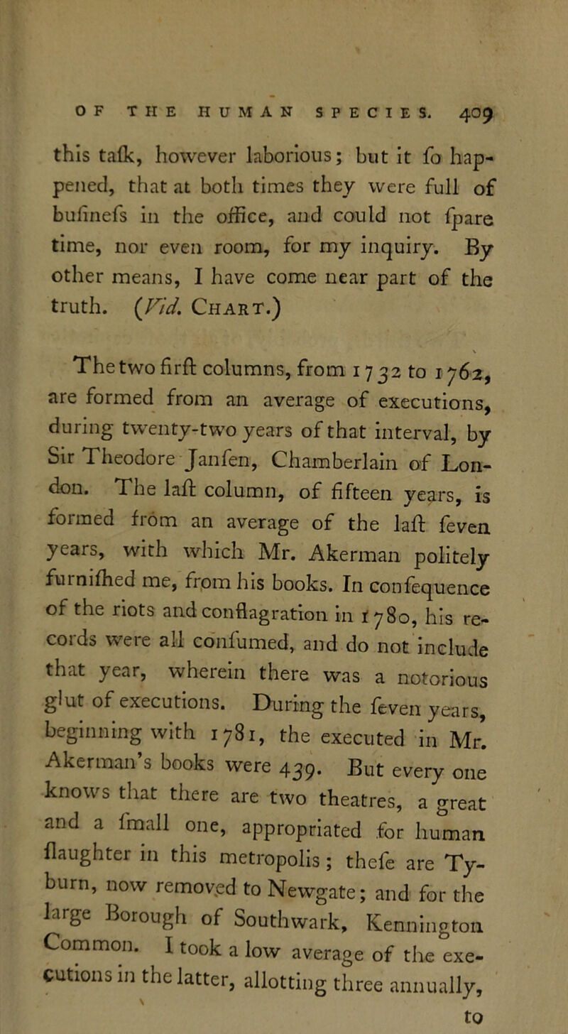 this talk, however laborious; but it fo hap- pened, that at both times they were full of bulinefs in the office, and could not fpare time, nor even room, for my inquiry. By other means, I have come near part of the truth. (Fid. Chart.) The two firft columns, from 1732 to 1762, are formed from an average of executions, during twenty-two years of that interval, by Sir Theodore Janfen, Chamberlain of Lon- don. The laft column, of fifteen years, is formed from an average of the laft feven years, with which Mr. Akerman politely fumifhed me, from his books. In confequence of the riots and conflagration in t 780, his re- cords were all confumed, and do not include that year, wherein there was a notorious glut of executions. During the feven years, beginning with 1781, the executed in Mr! Akerman’s books were 439. But every one knows that there are two theatres, a great and a ftnall one, appropriated .for human flaughter in this metropolis; thefe are Ty- burn, now removed to Newgate; and for the large Borough of Southwark, Kennington Common. I took a low average of the exe- cutions in the latter, allotting three annually,