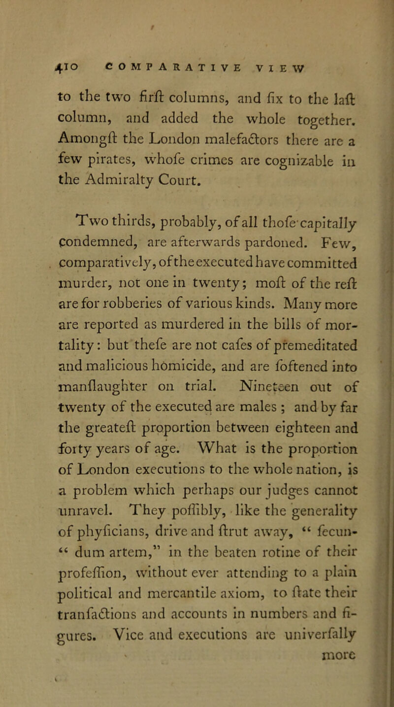 / 410 COMPARATIVE VIEW to the two firft columns, and fix to the laft column, and added the whole together. Amongft the London malefactors there are a few pirates, whofe crimes are cognizable in the Admiralty Court. Two thirds, probably, of all thofe1 capitally Condemned, are afterwards pardoned. Few, comparatively, of the executed have committed murder, not one in twenty; moft of the reft are for robberies of various kinds. Many more are reported as murdered in the bills of mor- tality : but thefe are not cafes of premeditated and malicious homicide, and are foftened into manflaughter on trial. Nineteen out of twenty of the executed are males ; and by far the greateft proportion between eighteen and forty years of age. What is the proportion of London executions to the whole nation, is a problem which perhaps our judges cannot unravel. They pofiibly, like the generality of phyficians, drive and ftrut away, 44 fecun- 44 dum artem,” in the beaten rotine of their profeftion, without ever attending to a plain political and mercantile axiom, to ftate their tranfadtions and accounts in numbers and fi- gures. Vice and executions are univerfally more v