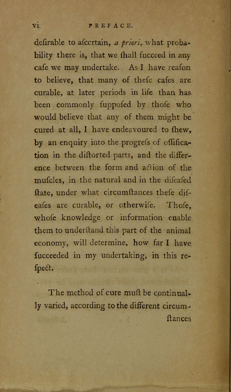 deferable to afccrtain, a priori, what proba- bility there is, that vve (hall fucceed in any cafe we may undertake. As I have reafon to believe, that many of thefe cafes are curable, at later periods in life than has been commonly fuppofed by thofe who would believe that any of them might be cured at all, I have endeavoured to fhew, by an enquiry into the progrefs of edifica- tion in the diflorted parts, and the differ- ence between the form and action of the mufcles, in the natural and in the difeafed date, under what circumftances thefe dif- eafes are curable, or otherwife. Thofe, whofe knowledge or information enable them to underhand this part of the animal economy, will determine, how far I have fucceeded in my undertaking, in this re- fpe£h The method of cure mud be continual- ly varied, according to the different circum - dances