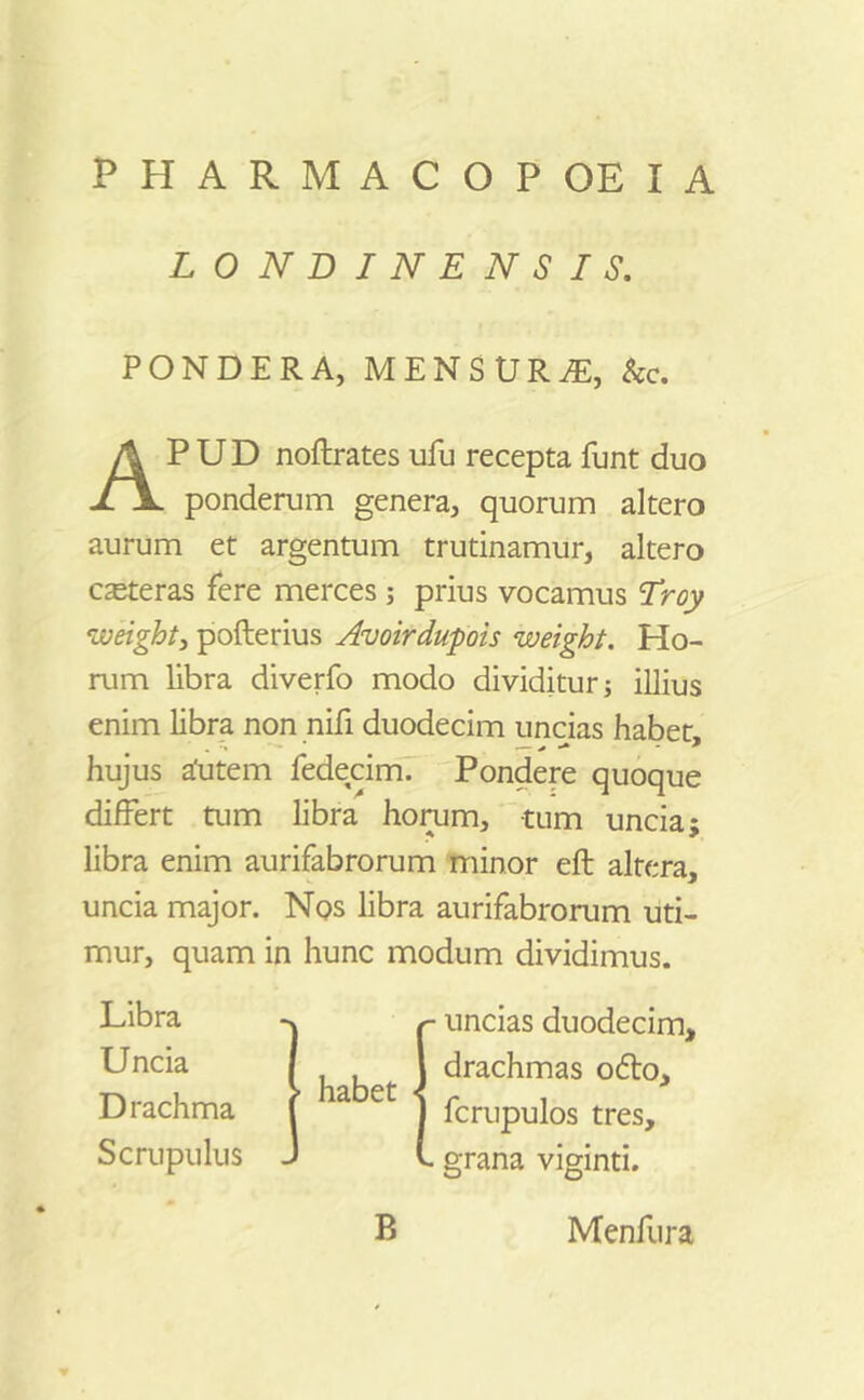 LONDINENSIS. PONDERA, MENSURAS, &c. APUD noftrates ufu recepta funt duo ponderum genera, quorum altero aurum et argentum trutinamur, altero cseteras fere merces; prius vocamus Troy weight, pofterius Avoirdwpois weight. Ho- rum libra diverfo modo dividitur; illius enim libra non nifi duodecim uncias habet, hujus a'utem fedecim. Pondere quoque differt tum libra horum, tum uncia; libra enim aurifabrorum minor eft altera, uncia major. Nos libra aurifabrorum uti- mur, quam in hunc modum dividimus. Libra Uncia Drachma Scrupulus > habet uncias duodecim, drachmas odto, fcrupulos tres, grana viginti. B Menfura