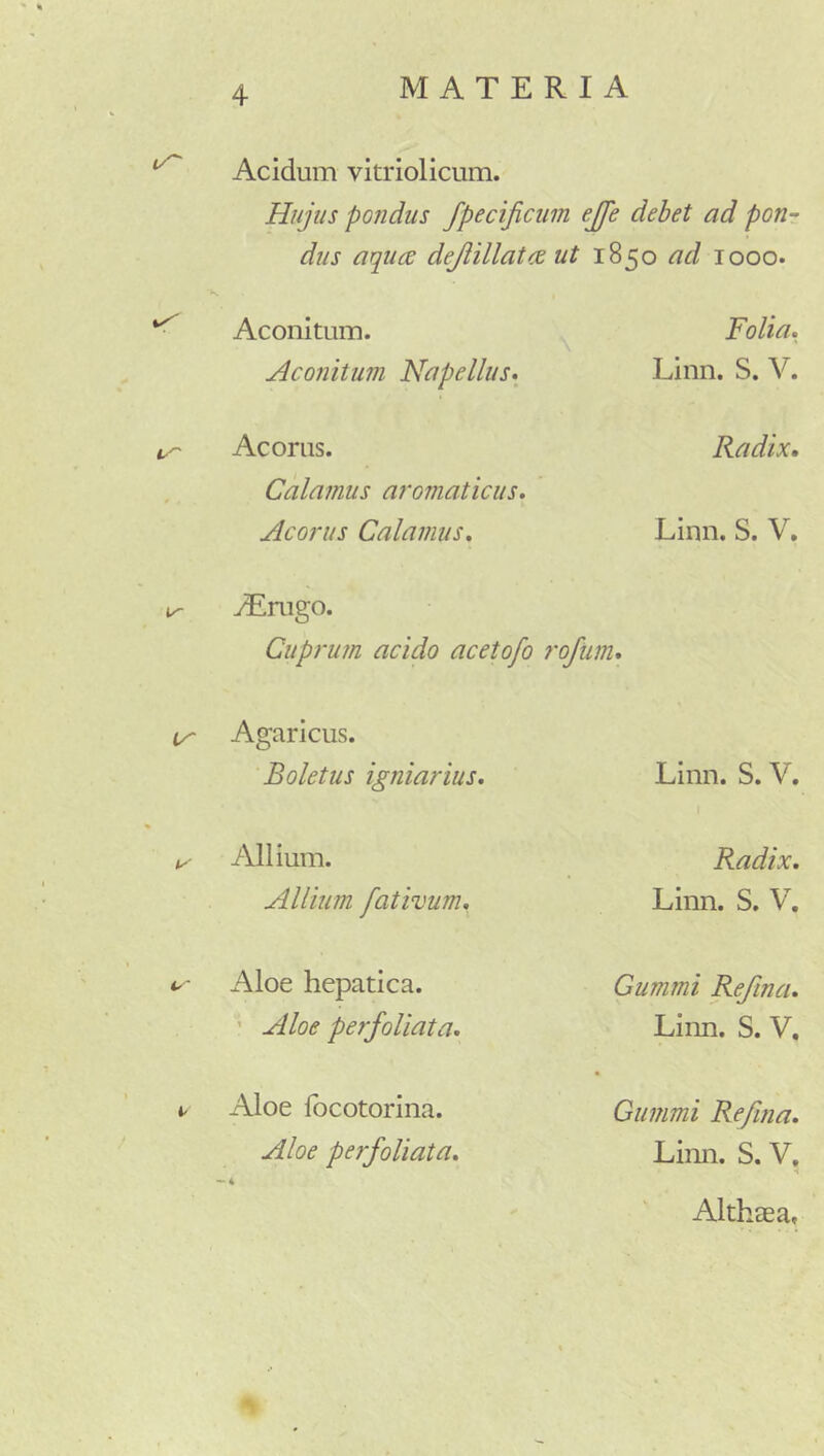 Acidum vitriolicum. Hujus potidus fpecijicuin ejj'e debet ad pon-r dus aqiice deJHllatee ut 1850 ad 1000. •K Aconitum. ^ Folia, Aconitum Napellus» Linn. S. V. Acorus. Calamus aromaticus. Radix, Acorus Calamus. Linn. S. V. ^rugo. Cuprum acido acetofo rofum. Agaricus. Boletus igniarius. Linn. S. V. Allium. Radix. Allium fativum. Linn. S. V. 4^' Aloe hepatica. Cummi Refina. ' Aloe per foliata. Linn. S. V, Aloe focotorina. Cummi Refina. Aloe perfoliata. •^4 Linn. S. V. Althaea,