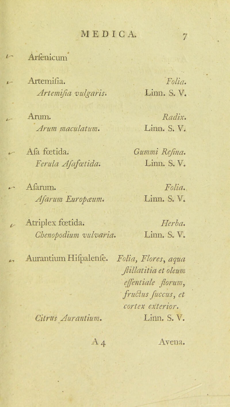 Ai”lenicuin Artemilia. Artemifia vulgaris. • . Folia. Linn. S. V. Arum. Arum maculatum. Radix, Linn. S. Ala foetida. Ferula Afafoetida. Gummi Rejina. Linn. S. V. Alarum. Afarum Europceum, Folia., Linn. S. V. Atriplex foetida. Herba. Chenopodium vulvaria. Linn. S. V. Aurantium Hi(palen{e. Folia, Flores, aqua Citrus Aurantium, ftillatitia et oleum ejfentiale florum, frudius fuccus, et cortex exterior. Linn. S. V. A 4 Avena. Avena.
