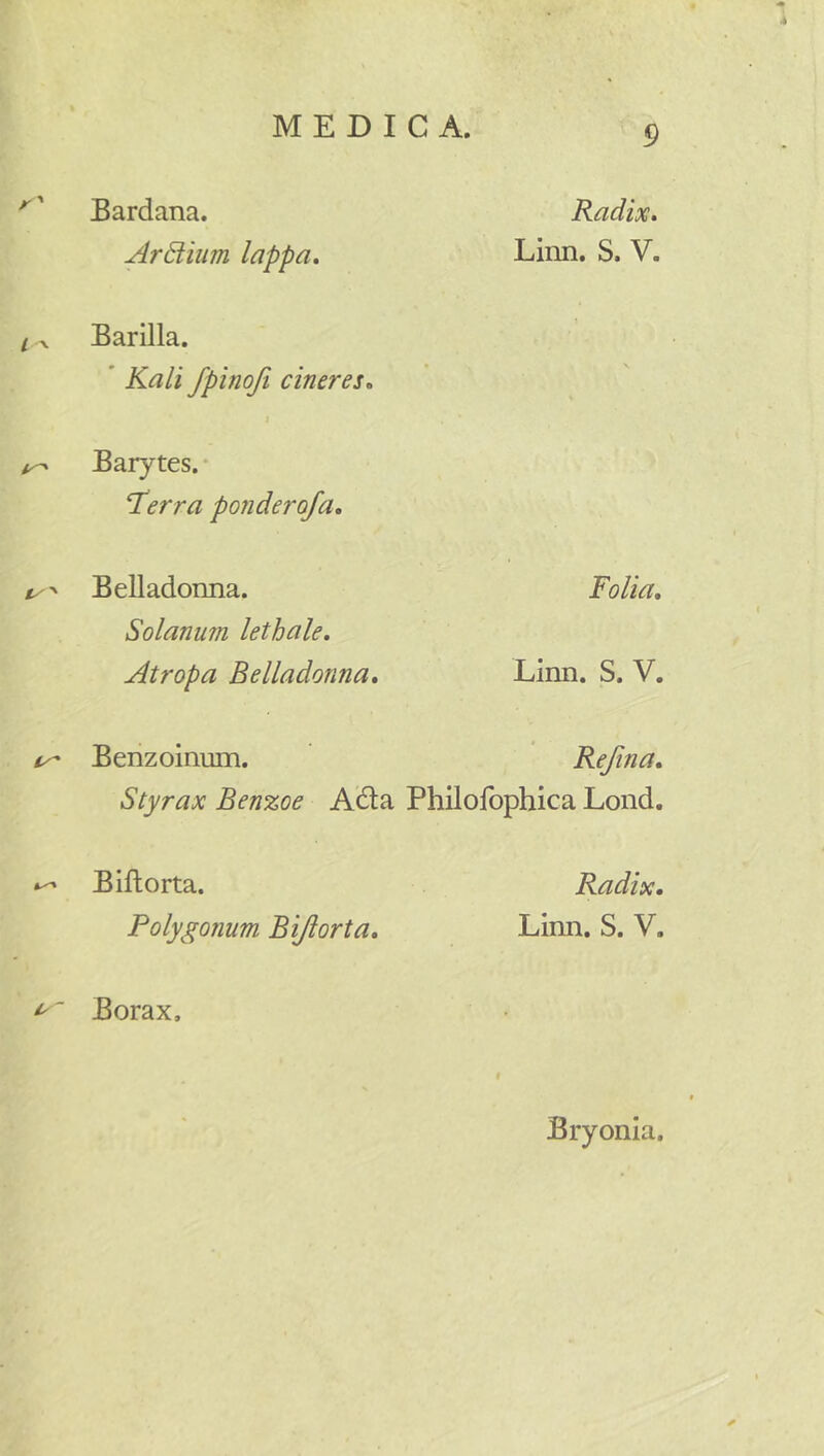 ^' Bardana. Aratium lappa. i ^ Barilla. * Kali Jpinofi cineres, j Bary tes. * Terra ponderoja. Belladonna. Solanum lethale, Atropa Belladonna, Radix, Linn. S. V. Folia, Linn. S. V. Benzoinum. Rejina, Styrax Benzoe A6ta Philofophica Lond. Blftorta. Polygonum Bijlorta, Radix. Linn. S. V. Borax, Bryonia.