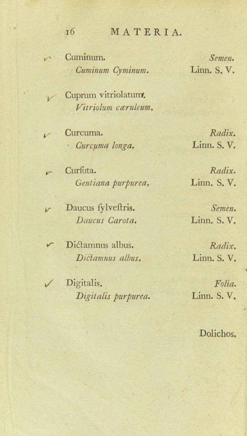 (/' Cuininum. Cuminum Cyminum. Cuprum vltriolatumf. Vitriolum caeruleum. Curcuma. • Curcuma longa, ^ Curfiita. Gentiana purpurea. \ ^ Daucus fylveflris. Daucus Carota. Didlamnus albus. Dictamnus albus. i/ Digitalis. Digitalis purpurea. Semen. Linn. S. V. Radix. Linn. S. V, Radix. Linn. S. V. Semen. Linn. S. V, Radix. Linn. S. V. Folia. Linn. S. V. Dolichos,