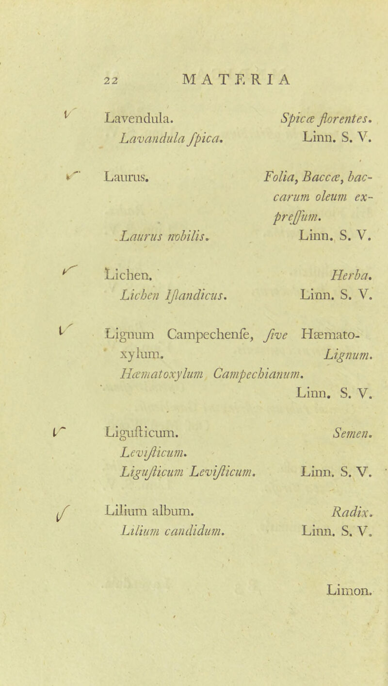 Lavendula. Lavandiila /pica. Spica florentes, Linn. S. V. Laurus’, , Laurus nobilis. Folia^ BacccSy bac- carum oleum ex- prejflum. ' Linn. S. V. Lichen, Lichen Iflandicus, Herba, Linn. S. V. ^ Lignum Campechenfe, five Haemato- xylum. Lignum. Hcematoxyhim Campechiamnn. Linn. S. V. i Ligiifticum. Semen, Levijlicum. Ligujlicum Levijlicum. Linn. S. V. Lilium album. Lilium candidum. Radix. Linn. S. V. Limon.