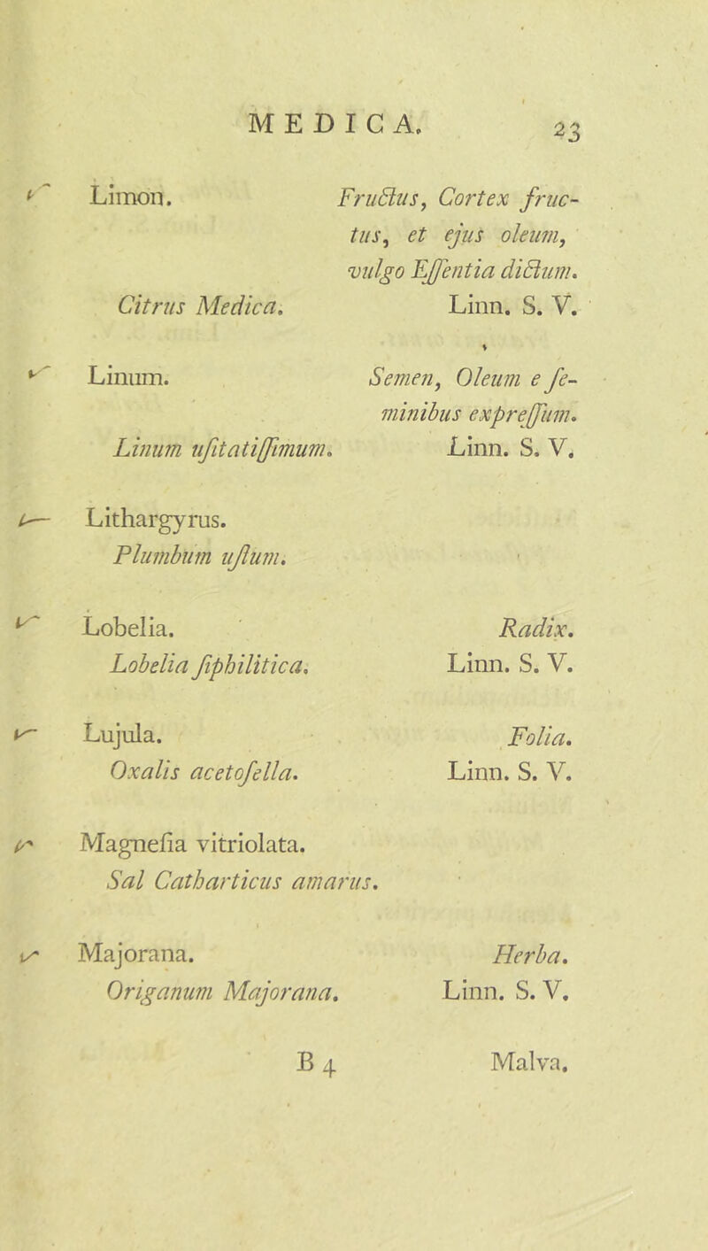 Limoii. Citrus Medica. FruBuSf Cortex fruc- tus^ et ejus oleum, vulgo EJjentia didium. Linn. S. V. Liniim. Linum ufitati[fimum. Semen, Oleum e fe- minibus exprefiim. Linn. S. V. Lithargyrus. Plumbum ujium. Lobelia. Lobelia fiphilitica, Lujula. Oxalis acetojella. Radix. Linn. S. V. Folia. Linn. S. V. Magnefia vitriolata. Sal Catharticus amarus. Majorana. Origanum Majorana. Herba. Linn. S. V. B4 Malva.
