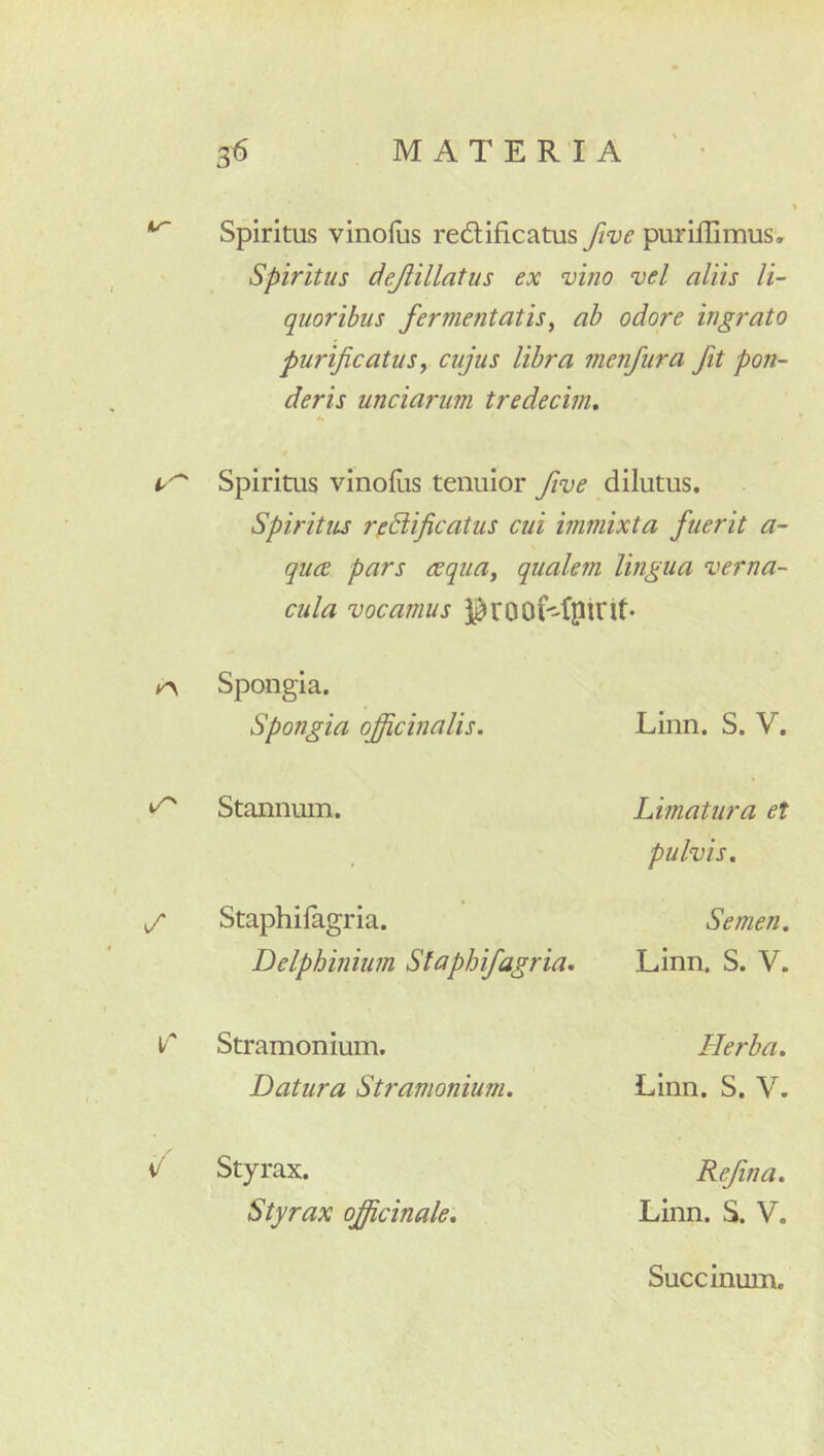 Spiritus vinofus redificatus five puriflimus» Spiritus dejlillatus ex vino vel aliis li- quoribus fermentatisy ab odore ingrato purificatus j cujus libra menfura fit pon- deris uncianim tredecim. Spiritus vlnoiiis tenuior five dilutus. Spiritus rfSlificatus cui immixta fuerit a- quce pars ccqua^ qualem lingua verna- cula vocamus j^roof-fpirit* iry Spongia. Spongia ofiicinalis. Linn. S. V. ^ Stannum. Limatura et pulvis. Staphilagria. Delphinium Staphifagria, Semen, Linn. S. V. Stramonium. Datura Stramonium, Herba, Linn. S. V. Refina, Linn. S. V. Styrax. Styrax ojficinale. Succinum.