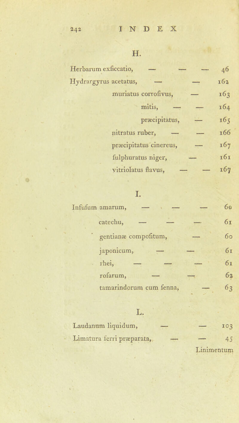 H. Hei'barum exficcatio, — — — 46 Hydrargyrus acetatus, — — 162 muriatus corrofivus, — 163 mitis, — — 164 praecipitatus, — 165 nitratus ruber, — — 166 praecipitatus cinereus, — 167 fulphuratus niger, — 161 vltriolatus flavus, — — 167 I. Infufum amarum, — > — — 6e catechu, — — — 61 gentianae compofitum, — 60 Japonicum, — — 61 rhei, — — — 61 rofarum, — — 62 tamarindorum cum fenna, — 63 L. Laudanum liquidum, — — 103 Limatura ferri praeparata, — — 45 Linimentum