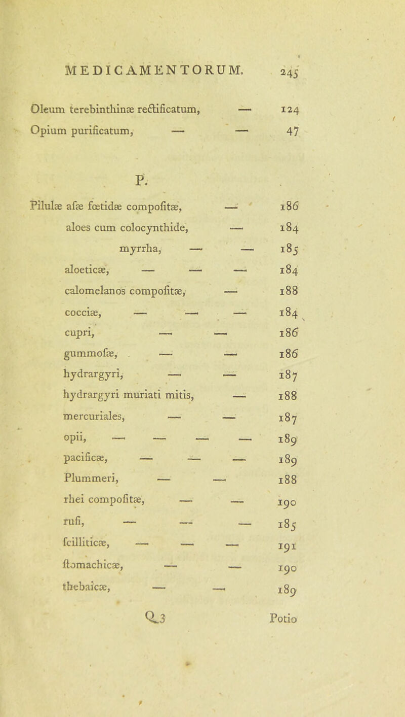 Oleum terebinthinae reftificatum, — 124 Opium purificatum, — — 47 P. Pilulae afae foetidae compofitae, —186 aloes cum colocynthide, — 184 myrrha, —- — 185 aloeticae, — — — 184 calomelanos compofitse, — 188 cocciae, — — — 184 ^ cupri, — — 186 gummofie, . — —- 186 hydrargyri, — — 187 hydrargyri muriati mitis, — 188 mercuriales, — — 187 opii, — — — — 189 pacificae, — — — 189 Plummeri, — — 188 rhei compofitae, — — jpo rufi, — — _ 18^ fcilliticae, — — ftomachicae, — — i^q thebaicae, — —, J89 0.3 Potio 0