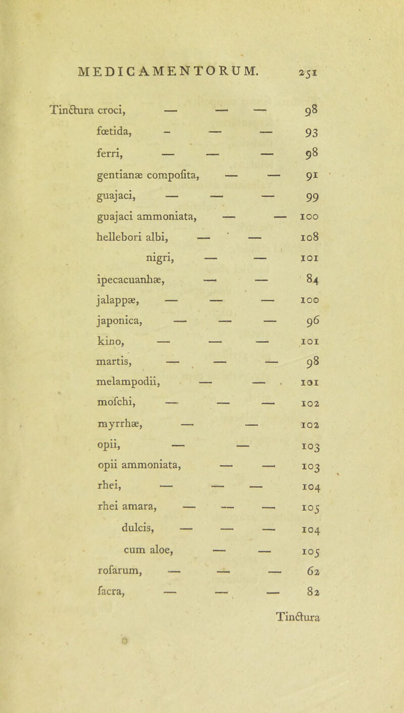 ^51 Tinftura croci, — — — 98 foetida, — — — 93 ferri, — — — 98 gentianse compofita, — — 91 guajaci, — — 99 guajaci ammoniata, — — 100 hellebori albi, — — 108 nigri» — lOI ipecacuanhae, — — ' 84 jalappae, — — — 100 Japonica, — — — 96 kino, — — — lOI martis, — — — 98 melampodii, — lOI mofchi, — — — 102 inyrrhae, — — 102 opii, — 103 opii ammoniata, — — 103 rhei, — — — 104 rhei amara, — — — 105 dulcis, — — — 104 cum aloe, — — 105 rofarum, — — — 62 facra, — — 82 Tindura