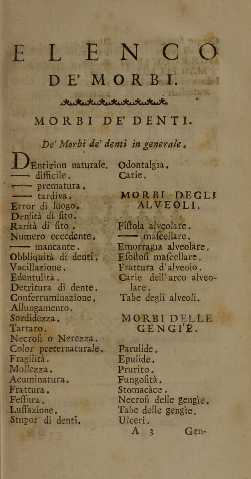 DE’ MORBI. MORBI DE’ DENTI. De' Morbi de' denti in zenerale. ¥,>r DEntizlon naturale, difficile. prematura. tardiva. Error di luogo, Deniìtà di Gto. Rarità di fito . Numero eccctfcnte, » mancante. Obbliquità di denti. Vacillazione. Edentulità. Detritura di dente. Confcrruminazione. Allungamento. Sordidezza» Tartaro. Necrofi o Nerezza. Color preternaturale. Fragilità. Mollezza. Acuminatura, Frattura, Fefllira. Lu dazione, Stupor di denti. Odontalgia. ' ' Carie. MORBI DEGLI ALVEOLI. Fiftola alveolare. ' ■— mafcellare. Emorragia alveolare. Eiòllofi maicellarc. Frattura d’alveolo. Carie dell’ arco alveo- lare • Tabe degli alveoli. MORBI DELLE GEN GI’È. Parulide, Epulide. Prurito. Fungofità. Stomacace. Necrofi delle gengie. Tabe delle gengìe. Ulceri, A j Gcn-