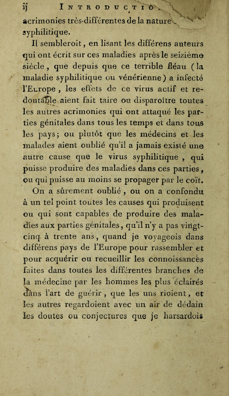 acrimonies très-différentes de la nature , ' syphilitique. Il sembleroit, en lisant les différons auteurs qui ont écrit sur ces maladies après le seizième siècle , que depuis que ce terrible fléau ( la maladie syphilitique ou vénérienne) a infecté l’Europe , les effets de ce virus actif et re- doutée aient fait taire ou disparoitre toutes les autres acrimonies qui ont attaqué les par- ties génitales dans tous les temps et dans tous les pays; ou plutôt que les médecins et les malades aient oublié qu’il a jamais existé une autre cause que le virus syphilitique , qui puisse produire des maladies dans ces parties, ou qui puisse au moins se propager par le coït. On a sûrement oublié , ou on a confondu à un tel point toutes les causes qui produisent ou qui sont capables de produire des mala- dies aux parties génitales, qu’il n’y a pas vingt- cinq à trente ans, quand je voyageois dans différons pays de l’Europe pour rassembler et pour acquérir ou recueillir les conrioissances faites dans toutes les différentes branches de la médecine par les hommes les plus éclairés tTàns l’art de guérir , que les uns rioient, et les autres regardoient avec un air de dédain les doutes ou conjectures que je harsardois
