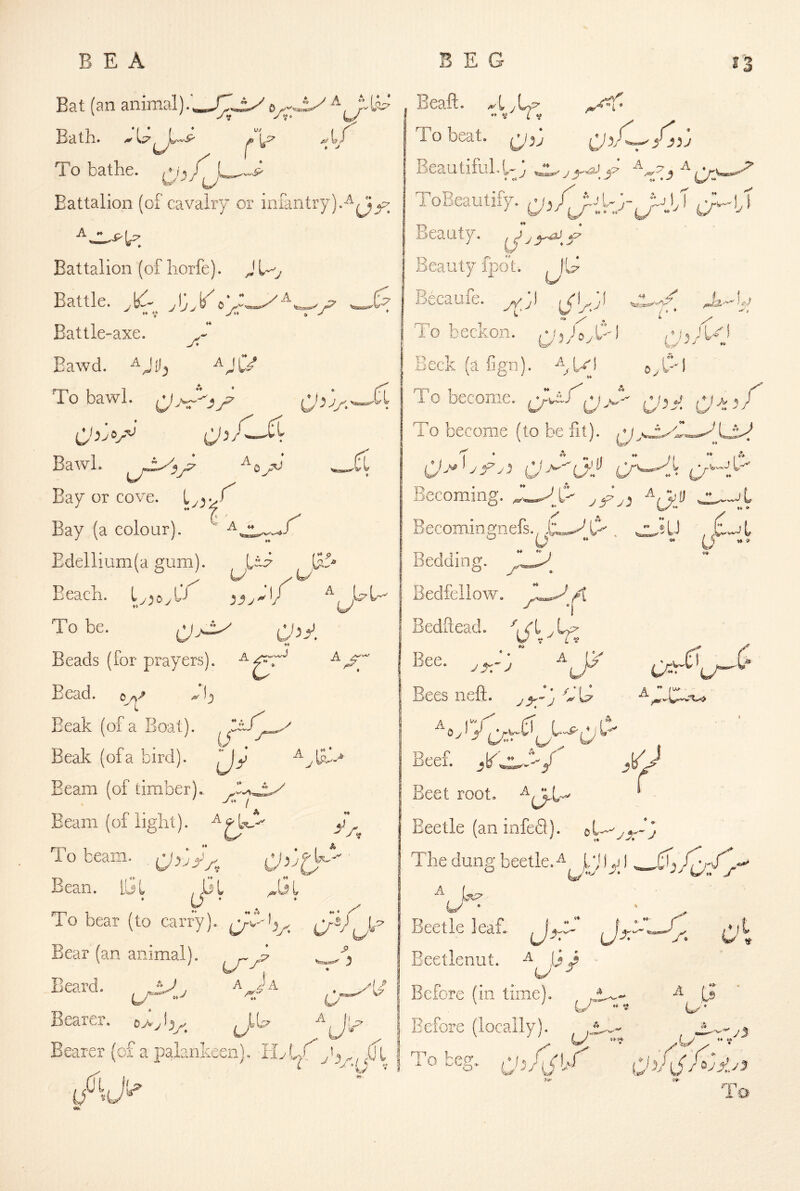 ^/:r Bat (an animal).', Bath. To bathe. \ Battalion (of cavalry or infantry Battalion (of liorfe). Battle, j^'jX Battle-axe, Bawd. -^JD^ To bawl. Bawl. Ea7 or cove, '{ Bay (a colour). ' Ci Edellium(a gum). , ity G.. Beach. U A Pl- u To be. ;ij Beads (for prayers), Bead, Beak (of a Boat). Beak (ofa bird). Beam (of timber).. A Beam (of iiglit). To beam, Bean. iGl bl To bear (to carry). Bear (an animal). Beard. Bearer, j u ltA A Ja Iv «// W7 U i'L^ A Bearer (of a palankeen), J'*- ,:7 Beaft. A jLy •» y' i To beat, 1 J?j Beautiful.pp^^j,<?ja ToBeautify. CrVlJ Beauty, Beauty fpbt, Becaufe. To beckon, ^.yb/oyl'd Beck (a fign). To become, Q'^Xq jS^ O ^ ^ To become (to be fit). Becoming. ^ JC _ u Bedding. Bedfellow. BedfteacL Vbb; Bee. Becominijnefs., 1: O' « '» ,£wJt « y - ^ A Bees neft. j j Ip' Beef. Beet root. Beetle (anmfefl). The dung beetle.^^}/; ly) A ** L- Beetle leak j.- A W Beetlenut. ^ ,(i i U ^ Before (in time). Before (locally). ^ U 0. L -^y L? U‘ Tt cpAysu.^^ To