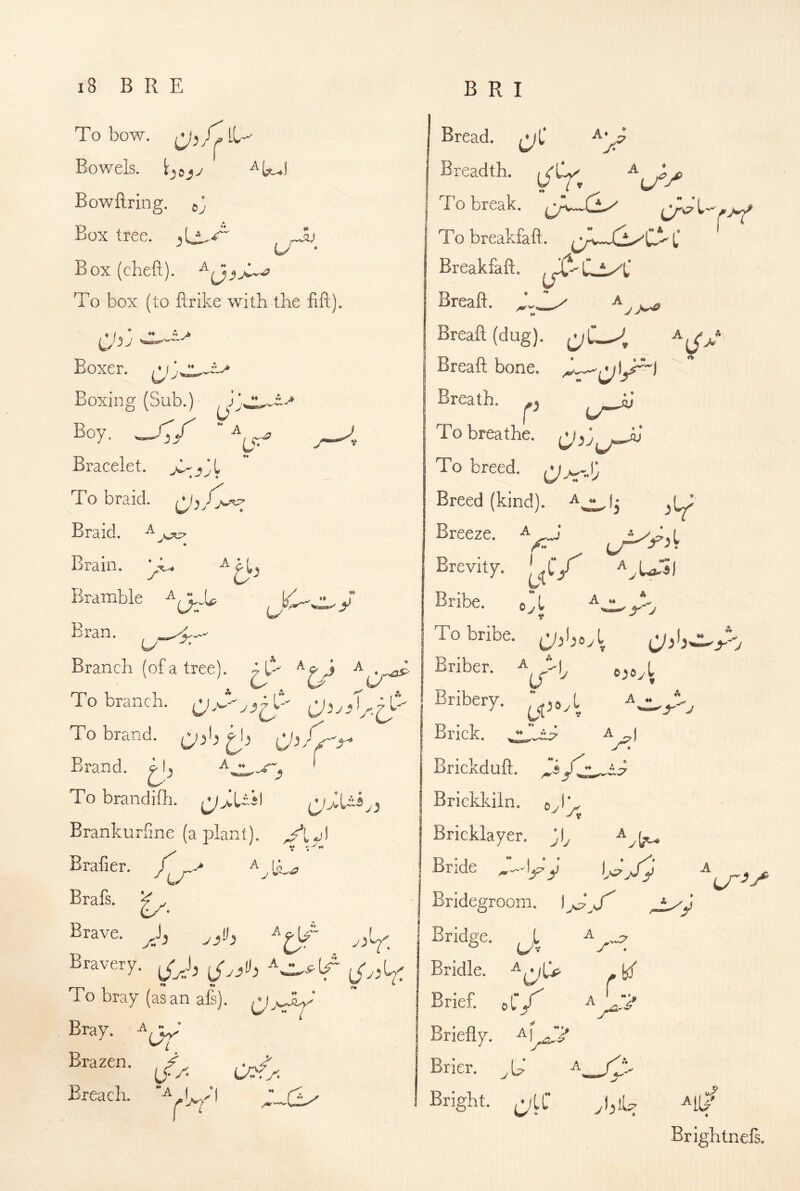 To bow. IL- Bowels. Bowftring. * Box tree, Box (cheft). To box (to ftrike with the fift). j}j w— Boxer. Boxing (Sub.) Boy. Bracelet, To braid. Braid, Brain. ^ Bramble / 'y Bran. Branch (of a tree). ib To branch. To brand, Brand. * To brandifli. ^ >Ui) (^/>USyJ Brankurfme (a plant). V Brafier. /T-* Brafs. Brave. J. Bravery. To bray (asan afs). rlj-^' Bray, aj^- Breach. ^-CL^ Bread. Breadth. To break. Tobreakfaft. ^ Breakfaft, Breaft. Breaft (dug). Breaft bone. Breath. To breathe. To breed. {Jj^-Sj Breed (kind), jlO Breeze, a^j ^ a- ♦» ^ . ♦4 A 'r j Brevity. |^^l/ Bribe. oyl To bribe. Briber, a t-|^ Bribery. Brick. ^ Brickduft. Brickkiln, o.l* ■^f Bricklayer, Bride Ad/y l^-^- Bridegroom. ) Bridge. i a , Bridle. ^ . r T Brief, o I Briefly. ^ Brier. T T' Bright. ^;LC A[U' Brightne