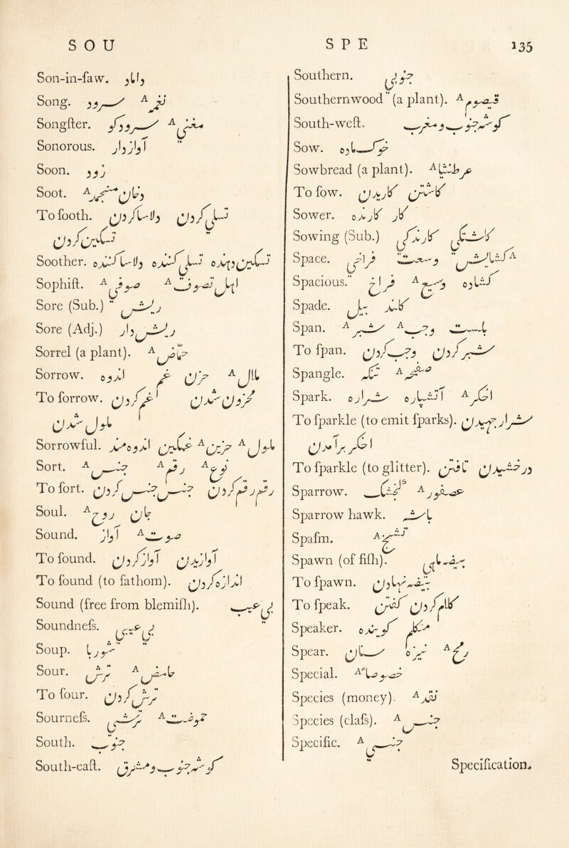 Son-in-fa w, jUj A Song, Songfter. ^ Sonorous. Soon, Soot. Tofooth. Soother, Sophift. ^ Sore (Sab.) ” u^.J Sore (Adj.) Sorrel (a plant), Sorrow. / O'f Toforrow. C)^0>/ . .. Sorrowful. C/y'^ ^Cr> Sort. To fort. Soul. y Sound. jljl To found. To found (to fathom), >vl Sound (free from blemifli). Soundnefs. , j , c^- O' Soup. \^jy^ Sour, ^ To four. Sournefs. 0 ^ South, ♦ South-eah, * h ** Southern. Southernwood (a plant). South-weft, Sow. Sowbread (a plant). Tofow. Sower. o>X Space, yj) ^ Spacious.” c'> ^ ® .5 Spade. ,U >^1/ C/*** Sowing (Sub.) ^ xi y:' opan. Tofpan. Spangle. ^ Spark. 0 oyU«^l ^ To fparkle (to emit fparks). ^ cjO^- ' To fparkle (to glitter). Sparrow. ^ Sparrow hawk. Spafm. Spawn (of filh).' Tofpawn. To fpeak. Cr'--^ Cl^yX Speaker. 0 >- X Spear. o>’ Special. Species (money). opecies (cialsj. Specific. ^ O U' Specification.