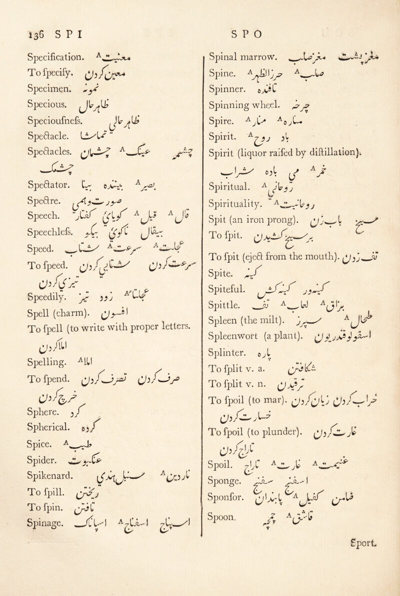 Specification. Tofpecify. Specimen, Specious. J'^4^ Specioufnefs. SpeSacle.  SpeQacles. Speftator. tv^ e Speftre. ^-4 j Speech. ~jdf ^ Speechlefs. (^fi JIS;- Speed. C,r ^ * u l.» w Tofpeed. Speedily. ^ a'j Spell (charm). To fpell (to write with proper letters. Spelling. -^ILI Tofpend. Sphere. ^ Spherical, Spice. Spider. ^ Spikenard. Tofpiii. Tofpin. Spinage. ^ c *♦ * i * 1 > Spinal marrow. ^ Spine, ^ Spinner. c^C Spinning wheel. ^^ Spire, Spirit, Spirit (liquor raifed by diftillation). “A (/ A U . *• -JV ^r-r -r A LI A ”1* ^ ij Spiritual, Spirituality, ^ j Spit (an iron prong). To fpit. To fpit (ejefl: from the mouth). ^ Spite, Spiteful. Spittle. ^ Spleen (the milt). Spleenwort (a plant), ^ Splinter. o^L ♦ To fplit V. a. To fplit V. n. To fpoil (to mar). To fpoil (to plunder). )l Spoil. AZ -^JL Sponge. L tZ-. c. Sponfor. CaC rr^l^ Spoon, Cd LT' A /♦♦ ./. V-i’ fc. port.