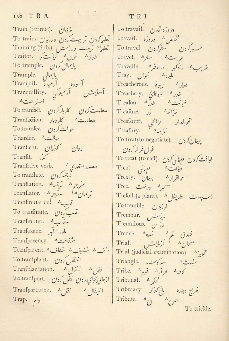 Train (retinue). /‘/Ijl To tram, Training (Sub.) J Traitor. ^^  ' To trample, ^ L ’Trample. ,JL^L . L/ ^ Tranquil, Tranquillity. fi'j ♦♦ u 'I To tranfaS. Tranfaftion. To transfer. A Transfer. j' Jj T ranfient. ^ \jX X Tranfit. jX Tranfitive verb. ^^j}^-^ To tranflate. ^^ X, Tranflatidn, ^ Tranflator. ^ Tranfmutation! * To tranfmute. uj ^ T ra nbn Liter. ^ ,U) To travail. (j^V'eay) Travail. To travel. Oy Travel, A ♦♦ »j Traveller. Tray. ^ Treacherous. Treachery. ^3'- ■ Yj.9 A A - ^ *1X j 0^ Tranfoxane. 'f T ran fparency. X Tranfparent. L’f To tranfplant. Tranfplantation. ^ luTl U U To tranirrort. ^1,/jv Tranfportation. Trap. Treafon. ^ jj^ Treafure. /j Treafurer. Trcafury. ** To treat(to negotiate). Tolreat(tocaft). 0 Treat. , ^XXh U L Treaty. ^ Tree. ^X'^ Trefoil (a pi an ')• \h> To tremble. ^ Tremour. Tremulous. \jX) Trench. ^ i ^ I 5 J’Y' Trial. ;i Trial (judicial examination), Triangle. jy ^ v*' A r Tribe. A ; Tribunal. ^ (/ Tributary. /X/X Tribute. ^ 0 J^'\ J fY To trickle.