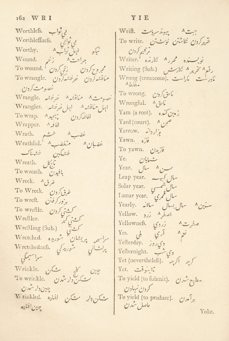 ''V. W or thleffnefs. W orthy. ^ Wound. Jj jlj j / ^* -7 / ^ ) - ^0^ ly^ r To wound. / To wrangle, ( W rangle. Wrangler. To wrap, li) A r-^ Wrathful.* apper. Wrath. .-^p A « y. • ^Lip Wreath, b/C To wreath. /m T Wreck. To Wreck, • ..... d Towreft. To wrellle. (V^/ Wrefiler.  /; * C A {J'^ Vv^refiling (3ub.) 'Wretched. o ** mL:ij W retchcdaefs. ^■J3- 0 A u  y Wrinkle. ...tp ..p ,>=’ c/ 7 L7« Ao wrinkle. jC-Cj:. C''^''^'5aT ^ rinkicd. ftjLtJ .*S3^ .1, . ^ t-* 7 * ■'^P' w »• w. Wr i ft. AX'- To write. 7' « « J * ^ f 33/ 0 J^ J ^ 7*^ ^ y^i'*w»***^ ^ Writing (Sub.) Wrong (erroneous). A ♦♦ hC i o wrong. ^ ^ 'V ^ ij^ / / Wrongful. ^(J^C Yam (a root), o Yard (court), -y. j j • w fawn. 07 yawni. Ye. Year. Yearly Leap year year, Lunar year. ^ \JX ♦ *• Yellow, ^Jl^\ Yellownefs. [J^jj ^ Yes- p ha Yefterday. Yefternight. Yet (neverthelefs). Yet. ^ ♦♦ To yield (to fubmil). To yield (to produce). A . n A / .7 ^3.