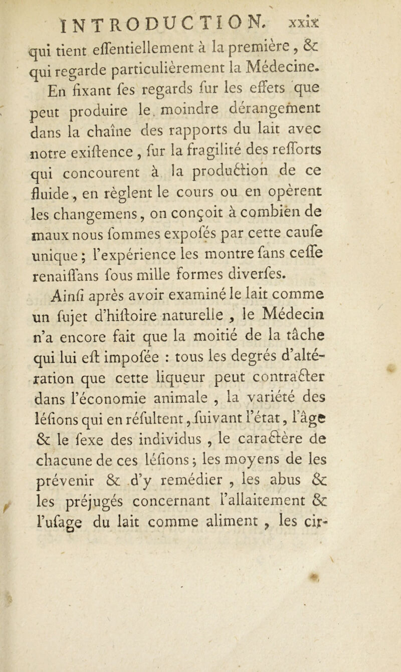 qui tient effentiellement à la première, & ' qui regarde particulièrement la Médecine. En fixant Tes regards fur les effets que peut produire le. moindre dérangement dans la chaîne des rapports du lait avec notre exiftence , fur la fragilité des relîorts qui concourent à la production de ce fluide, en règlent le cours ou en opèrent les changemens, on conçoit à combien de maux nous iommes expolés par cette caufe unique ; l’expérience les montre fans celle renaiflans fous mille formes diverfes. Ainfi après avoir examiné le lait comme un fujet d’hiffoire naturelle , le Médecin n’a encore fait que la moitié de la tâche qui lui eft impofée : tous les degres d alte- ration que cette liqueur peut contracter dans l’économie animale , la variété des léfions qui en réfultent ,.fuivant l’état, 1 âge & le fexe des individus , le caraCtère de chacune de ces léfions; les moyens de les prévenir & d’y remédier , les abus & les préjugés concernant l’allaitement & l’ufage du lait comme aliment ? les cir-