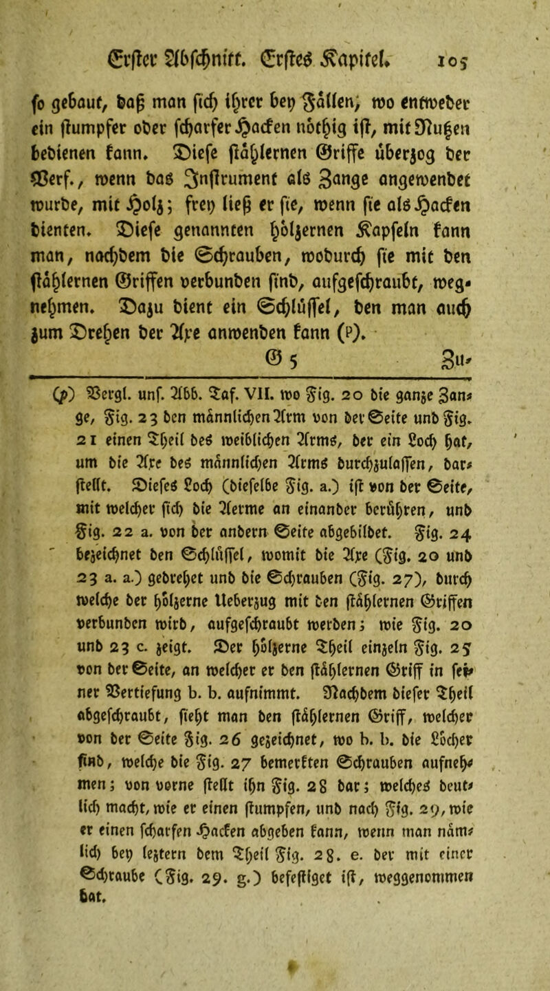 ©vftcr 2(bfcfjmff. £rf!e$ Kapitel* J05 (0 ge6auf, &afj man ficf> iljrcr bep fallen, wo entweder ein fhimpfer ober fd)arfer #acfen not^ig i(t, mit Sftufeu bebtenen fann. £)iefe (tönernen ©riffe uberjog Per Sßerf., wenn ba$ 3nlfrument fllö Ban9ß angewenbet würbe, mit £olj; frep ließ er fte, wenn fte alö^acfen bienten, SDiefe genannten f)6ljernen ^apfein fann man, nacfybem bie ©djrauben, wobureb fte mit ben (iabternen ©riffen oeebunben ftnb, aufgefebraubt, weg- nehmen. £aju bient ein @d)lujfel, ben man mttfr jum üDrefpen bec 2fpe anwenben fann (p). _©_5 3^ ($) Vergl. unf. 2166. $af. VII. wo $19. 20 bie ganze £an* ge, §ig. 23 ben männlichen 2trm von bet'©eite unbftig. 21 einen Sljeil beö weiblichen 2lrmö, bet ein £ocp bat, um bie 2lre beö männlichen 2(rmö burchzulafien, bar* ftelft. ©iefeö 2od) (biefelbe $ig. a.) ift von bet ©eite, mit welcher ft'd> bie 2letme an et’nanbet berühren, unb §ig. 22 a. von bet anbern ©eite abgebilbet. gig. 24 bezeichnet ben ©chlüffel, womit bie 2fjce (§ig. 20 unb 23 a. a.) gebtehet unb bie ©d)t’auben ($ig. 27), burd) welche bet hölzerne Uebetjug mit ben fMf)(ernen ©riffen verbunben wirb, aufgefebraubt werben; wie $ig. 20 unb 23 c. zeigt. ©er holjerne ^fjeil einzeln $ig. 25 von ber ©eite, an welcher er ben jUljlernen ©riff in fei* ner Vertiefung b. b. aufnimmt. 92achbem biefer $hert abgefchraubt, fie^t man ben fbühlernen ©riff, weiter von ber ©eite ftt'g. 26 gezeichnet, wo b. b. bie £od)er finb, welche bie St’g. 27 bemerkten ©chrauben aufneh« men; von vorne fleflt ihn $i9- 28 bar; welche^ beut* lief) macht, wie er einen (tumpfen, unb nach $ig. 29, wie er einen fdjarfen ^>acfen abgeben fann, wenn man näm* lid) bep leztern bem ^heil ^ig. 28. e. ber mit einer ®d)taube C$ig. 29. g.) befefliget i(t, weggenommen bat.