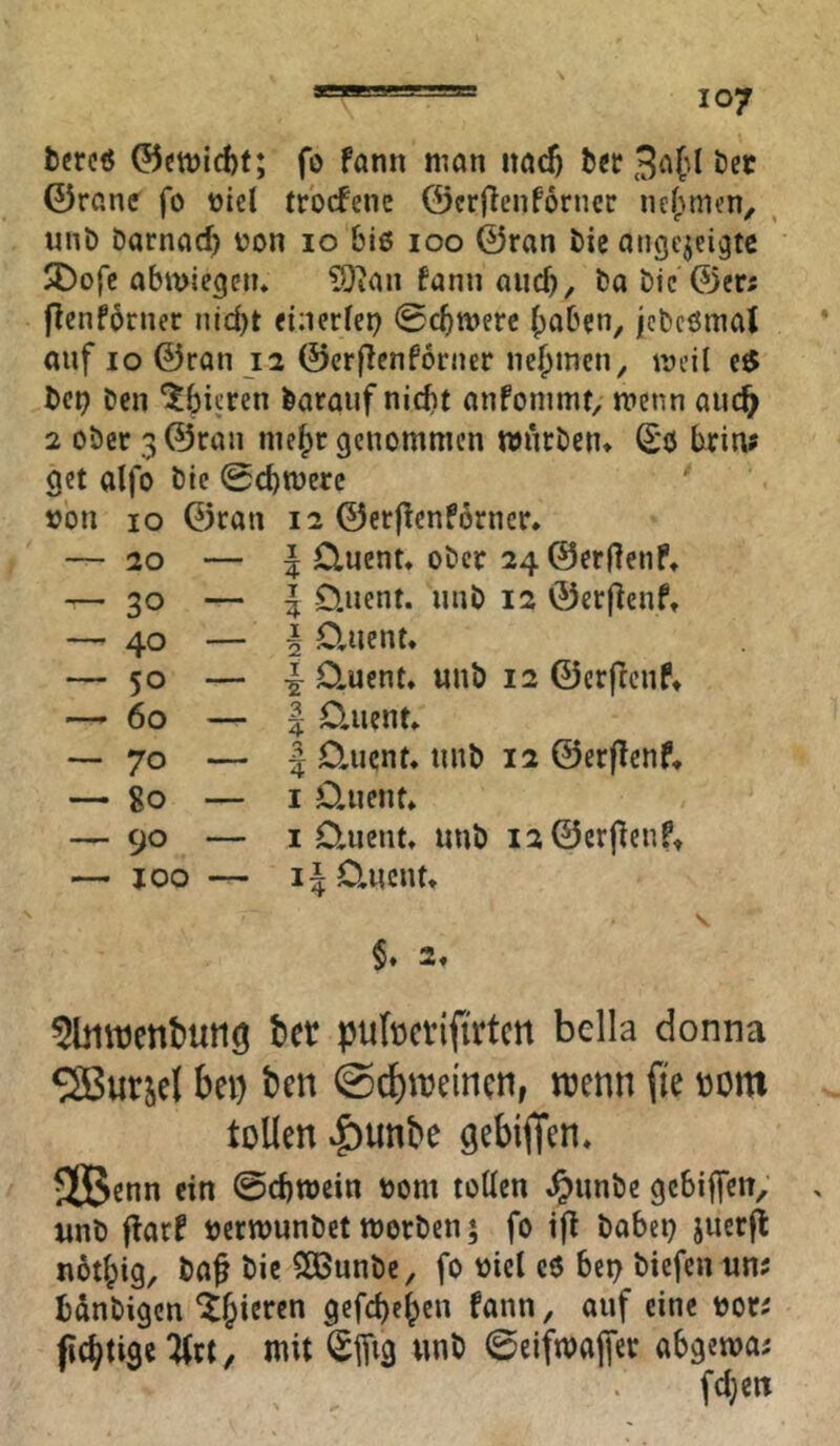 tcrcö fo fann man nad) bet öec ©rane fo oiel trbcfene ©crflenforncr nc()mcn, , unb Darnach oon lo &i6 loo ©ran bie angcjdgte 5Dofc abmiegeiu ?Oian fann auch/ ba bie ©er; flcnförner nlc{)t einerfet? 0c^tDerc (paben, jcbcömal auf IO ©ran 12 ©erf^enforner nehmen, meil e$ bc^ bcn ^bitten barauf nicht anfommt, menn anc^ 2 ober 3 ©ran mehr genommen wnrben* ^'ö brin; get alfo bie 0cbmcre »on 10 ©ran 12 ©erffenförncr* 20 1 duent, ober 24@er|]enf» — 30 — 1 dnent. nnb 12 ©erjienf. — 40 — \ 0,iicnu — 50 — 4- O.ucnt, unb 12 ©crfccnf» 60 J Cliient» — 70 — 1 duent, nnb 12 ©erffenf* — 80 — I dnent* — 90 — I duent, unb i2©erfien?t — JOO — li dncnt. $♦ 2* 5biwent)Utiö i»et pubctifirtcn bella donna ^Sßurjel bei) ben (Scbwemcn, menn fie uom tollen |)unbe gebiflfen. 5GBenn ein ©chmein bom tollen ^unbc gcbiffen, imb fiarf ocrmunbet morben; fo tfi babei) jnerfi nötlpig, bat bie 5Q3nnbe, fo üicl c6 bei> biefcn un; bdnbigcn '^hicrcn gefd)chen fann, auf eine oor; ji^tige^rt, mit unb ©eifmajfer abgewa;