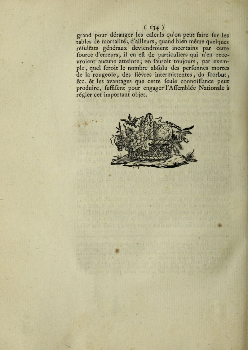 . . ( IS4 ) grand pour déranger les calculs qu’on peut faire fur les tables de mortalité; d’ailleurs, quand bien même quelques réfultats généraux deviendroient incertains par cette fource d’erreurs, il en eft de particuliers qui n’en rece- vroient aucune atteinte ; on fauroit toujours, par exem- ple , quel feroit le nombre abfolu des perfonnes mortes de la rougeole, des fièvres intermittentes, du fcorbut, ôcc. Ôc les avantages que cette feule connoiflance peut produire, fuffifent pour engager l’AlTemblée Nationale à régler cet important objet.