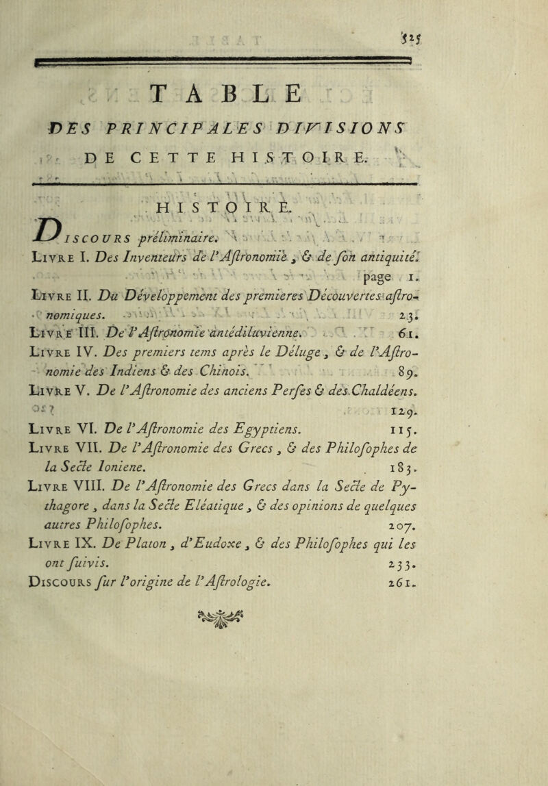 TA B LE DES PRINCIP ÂLES’'DiriSIONS lî.. DE CETTE H I ST, O J; R E.- ^ V -A ‘ - : - - ' V. M \ •'.-..v,- ’: H I S T X) ï R È. • • . - > • x . l: \ -l ■ 1. 1 ■' n\ . - c !. .\ D I s CO U RS préliminaires ■> Livre I. Des Inventeurs 'de lAJir'onoTnikyù.de fbh antiquitêl . V -j-t. . . ..... y page I, -Livre II. Du Développement des premières Découvertes:^ajîro-, • nomiques. .j xi .ùvi'. * 7 ' > 2.3. V,iYKi \ll. De lAjirônomi'e'dntédiluvienned': .1’’ 6.1, Livre IV. Des premiers tems après le Déluge ^ ù de VAjiro- ~ nomie des Indiens Is des Chinois. ' .. .89, Livae V. De VAflronomie des anciens Perfes ù dês.Chaldéens. • 129. Li VRE VI. De VAflronomie des Egyptiens. 115. Livre VU. De VAstronomie des Grecs ^ & des Philofophes de la Secte loniene. 183. Livre VIII. De VAflronomie des Grecs dans la Secte de Py~ thagore ^ dans la Secte Eléatique j & des opinions de quelques autres Philofophes. 207. Li VRE IX. De Platon ^ d'Eudoxe ^ & des Philofophes qui les ont fuivis. 233, Discours fur Vorigine de VAflrologie, 261.