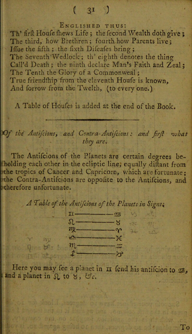 Englished thus: Th’ firft Houfe fhews Life; the fecond Wealth doth give ; The third, how Brethren; fourth.how Parents live; J/Tue the fifth ; the fixth Difeafes bring ; The Seventh'Wedlock; th’ eighth denotes the thing Call’d Death; the ninth declare Man’s Faith and Zeal; The Tenth the Glory of a Commonweal; True friendfhip from the eleventh Houfe is known. And forrow from the Twcith, (to every one.) A Table of Houfes is added at the end of the Book. 'Of the Antifcions, and Contra-Antifcions: and firjl vjhat they are. The Antifcions of the Planets are certain degrees be- iholding each other in the ecliptic line; equally diftant from tthe tropics of Cancer and Capricorn, which are fortunate; ithe Contra-Antifcions are oppofite to the Antifcions, and ;itherefore unfortunate. A Table of the Antifcions of the Planets in Signsi, n So SI » ■in 7% cy. ^ X rti /wy - S kf Here you may fee a planet in n fend his antlfcion to 23, and a planet in ^ to «, lAc.