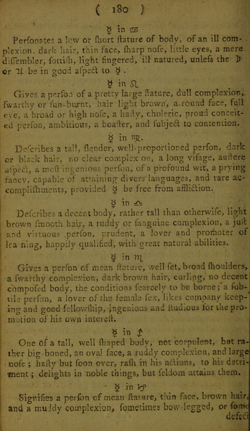 b in 25 Perfonp.tes a lew or fliort ftature of body, of an ill com- plexion. dark liair, thin face, lharp nofe, little eyes, a mere difiemb'er, fottifli, light fingered, ill natured, unlefs the 5 or 11 be in good afpect to ^ . ^ in a Gives a pp.rfo.T of a pretty large flature, dull complexion,, fwarthy or fun-burnt, hair ligltt brown, a.round face, full eve, a broad or high nofe, a hady, choleric, proud conceit- ed perfon, ambitious, a boader, and fubjed to contention. 5 in 11^. De'eribes a tail, Hinder, well-proportioned perfon, dark or black hair, r.o clear complex on, a long vifage, aufiere aipeCt, a mod ingenioias perfon, of a profound v/it, a prying fancy, capabiC of atraining divers languages, and rare ac- compliflimcnts, provided g be free from affliftion. ^ in ei Deferibes a decent body, rather tall than otherwife, light brown fmooth hair, a ruddy or ianguiae complexion, a jull and virtuous .perfon, prudent, a lover and promoter of lea ning, happily qualified, with great natural abilities. y in nt Gives a perfon of mean Ih’.taic, well fet, bro.ad fhouiders, a fwarthy complexion, dark brown hair, curling, no decent i compofed body, the conditions fcarcely to be borne; a fub-i tile perfon, a lover of tho female fex, likes company kcep-i jng and good fcllowdiip, ytigerjiGUs and ituumus for me pro- nuiion of his own iiuerell. » in One of a tall, well fliaped body, not corpulent, but ra- ther big boned, an oval face, a ruddy complexion, and large nofe ; hally but foon over, rafii in his aidions, to his detri- ment ; delights in noble things, but feldom attains them. • 5 in Vy _ Signifies a perfon of mean ftature, thin face, brown hair, and a muidy complexion, fomclimes bow-legged, or fome deftcl