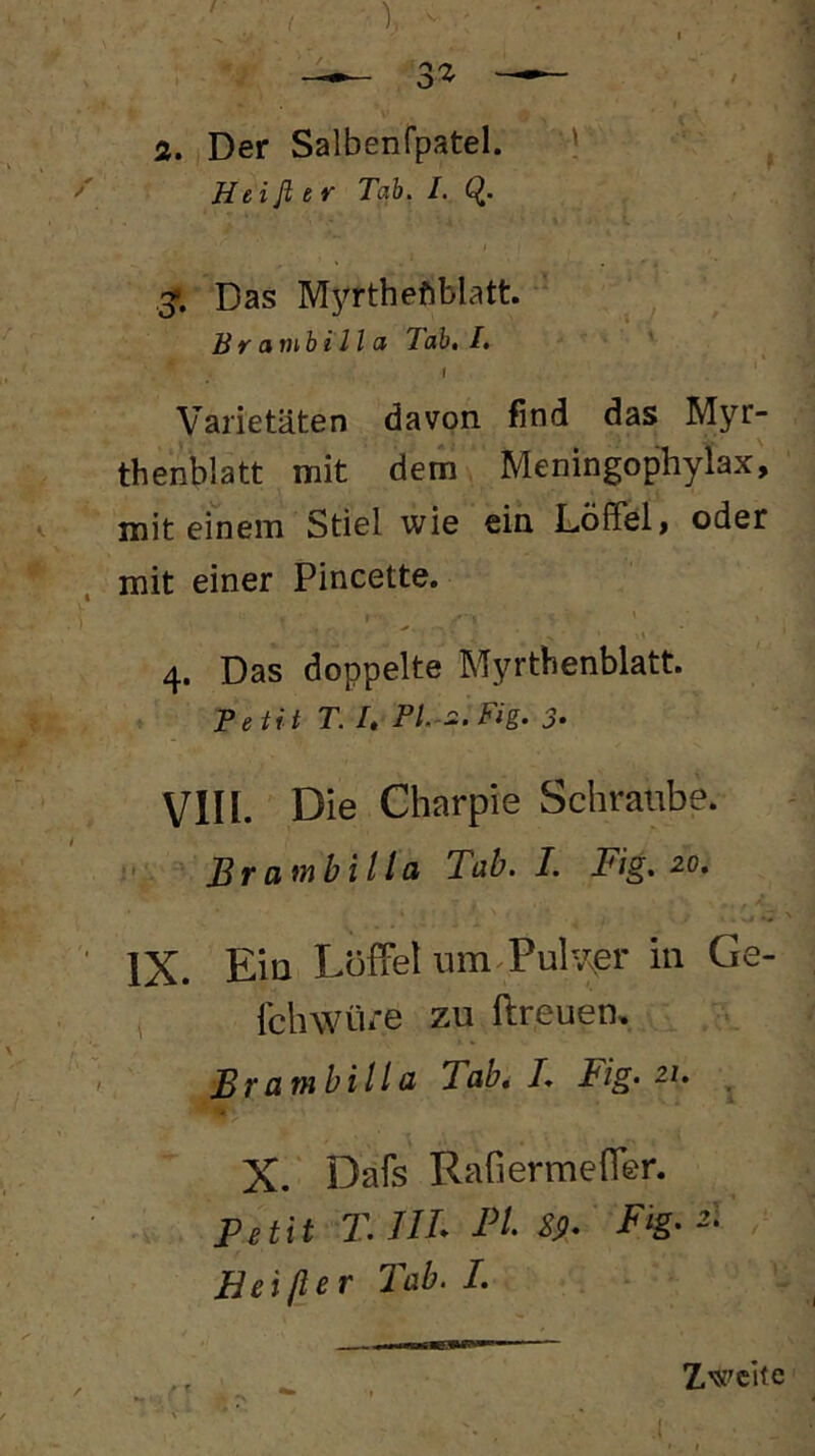 / ■ 2. Der Salbenfpatel. ' Heißer Tab. /. q. 3». Das Mj^ftheftblatt. Br anibill a Tab, I, 1 Varietäten davon find das Myr- thenblatt mit dem Meningophylax, mit einem Stiel wie ein Löffel» oder mit einer Pincette. 4. Das doppelte Myrthenblatt. Teift T. I, Pl.-s.. Fig. J. VIH. Die Charpie Schraube. *’ Brainbillo, Tab. I. Fig, 2.0, IX. Eia Löffel um.Pulv\er in Ge- , Iclnvüi'e zu ftreuen, ßrambilla Tab, I, Fig-21. ^ X. Dafs Rafiermeffer. Petit T.JIL Ft- Sß, Fig-2- JHe i ßc r Tab. /. Zweite