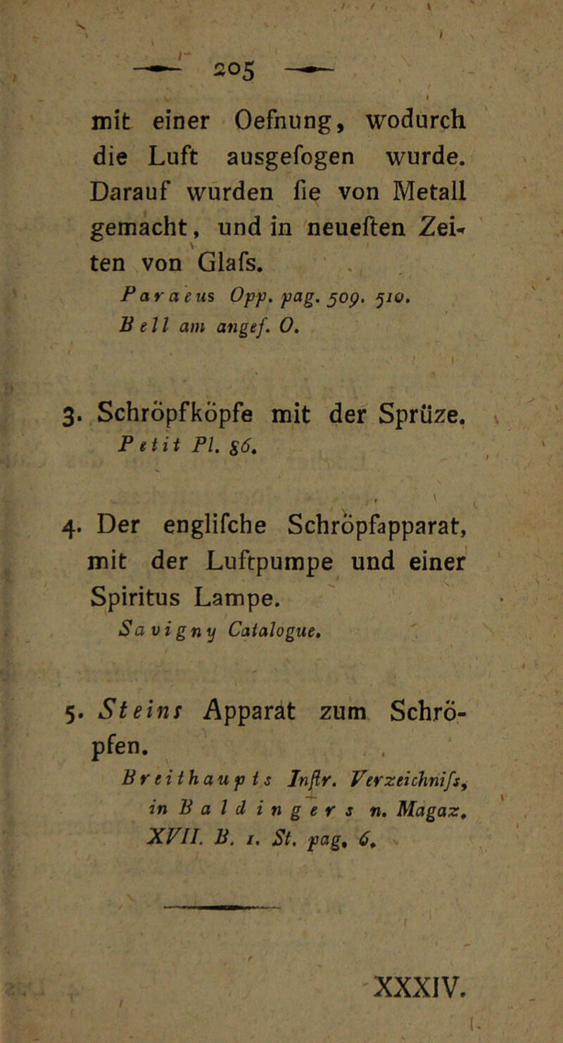 I mit einer Oefnung, wodurch die Luft ausgefogen wurde. Darauf wurden fie von Metall gemacht, und in neueften ZeU ' ten von Giafs. Paraeus Opp. pag, 50p. ^10. Bell am angef. 0, 3. Schröpfköpfe mit der Sprüze. P etit PI. g6, , l 4. Der englifche Schröpfapparat, mit der Luftpumpe und einer Spiritus Lampe. Sa vigny Catalogue, 5. Steinr Apparat zum Schrö- pfen. , . Br eithaup i 5 Inflr. Verzeithnifsj in Baidinger s n. Magaz, XVII. B. I. St. pag, 6,