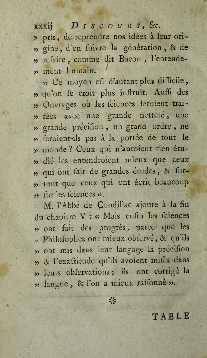 xxxij Discours, &c. » pris, de reprendre nos idées à leur ori- jj gine, d’en luivre la génération , 8c de » refaire, comme dit Bacon, l’entende- » ment humain. ^ K » Ce moyen ell d’autant plus difficile, » qu’on fe croit plus inftruit. Aulîi des « Ouvrages où les fciences leroient trai- » tées avec une grande netteté, une » grande précifion , un grand ordre , ne >' feroient-ils pas à la portée de tout le » monde? Ceux qui n’auroient rien étu- » dié les entendroient mieux que ceux » qui ont fait de grandes études, 8c fur- » tout que ceux qui ont écrit beaucoup » fur les fciences ». M. l’Abbé de Condülac ajoute à la fin du chapitre V : » Mais enfin les fciences » ont fait des progrès, parce' que les « Philofophes ont mieux obfervé, 8c qu’ils » ont mis dans leur langage la précifion » 8c l’exaftitude qu’ils avoient miles dans » leurs obfervations ; iis ont corrige la » langue , 8c l’on a mieux raifonné ». ( TABLE
