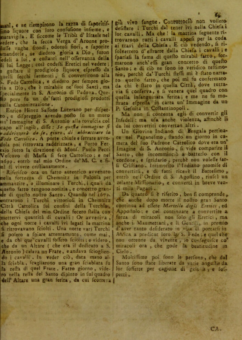 nani, « uè riempirono la tana di faporitif- imo liquore con loro confufione inlieme, e naravigtla. E ficcome le Tribù d’Ifraele nel redere , che la fecca Verga d’ Aronne pro- ìufle vaghe fiondi, odorofi fiori, e faporite imandorle , n« diedero gloria a Dio , furon èdeli a lui, e collanti nell’ oflervanza della li lui Legge ; così codefii Eretici nel vedere ; • gufiate il prodigiofo liquore efprelTo da ìuelli lecchi farmenti, fi converrirono alla >. Fede Cattolica , e diedero per Tempre glo- ria a Dio, che è mirabile ne’ Tuoi Santi , ma Specialmente in S. Antonio di Padova. Que- Rj pure fu un de’fatti prodigiofi prodotri nella Canonizzazione . Enrico Hinez SalTone Luterano per difpet- to , e difpreggio avendo pollo fu un muro >in’ Immagine di S. Antonio alla rovcfcia col capo all’ingiù, difTc : Se quefia immagine fi raddrizzerà de /e, filerò, di abbracciare la fede Cattolica. A porte chiule e ferrate aven- dola poi ritrovata raddrizzata , a Porto Fer- raio fotto la direzione di Monf. Paulo Pecci Vefcovo di Malfa fi fece Cattolico i e nel 1*699. entrò nel mio Ordine de’M, C. e fi- nì di vivere crirtianamenre. Riferifco ora un fatto autentico avvenuto Bella fortezza di Chemnitz in Polonia per ammanzire , 0 illuminare i Turchi,i quali da uetìo fatto tengono notizia , e concetto gran- e di quello nofiro Sanro. Quando nel ìó72w entrarono i Turchi Vittorio!! in Chemnitz ■Città Cattolica fui confini della Turchia*, «Iella Chiefa del mio Ordine fecero fialla con mettervi quantità di cavalli : Or avveniva , «che ogni norte i cavalli ivi legati la mattina fi ritrovavano fciolti . Una notte vari Turchi fi polero a fpiare attentamente, come mai, e da chi que’ cavalli tblfero feioin ; e videro , che da un Altare ( che era il dedicato a S. Antonio )calava un Frate, «andava lcioglien- do i cavalli'. In veder ciò, data mano al- la fci.tbla , ^ragliarono una gran fciablata fu la teda di quel Frate . Fatto giorno , vide- ro nella refi» del Santo dipinto in fui quadro dell* Altare una gran ferita, da cui feotreva j giu vivo fangue. Contuttociò non vollero defilare i Turchi dal tener ivi nella Chiefa i lor cavalli. Ma che! la mattina feguente ri- trovarono tutti i cavalli appefi per la coda ai ttavi della Cbiela . E ciò vedendo, fi. n- folvettero d’ellrarre dalla Chiefa i cavallii; e fparfafi la fama di quello mirabil fatto, for- marono anch’elfi. gran concetto di quello Santo ; e di ciò ne fono io veridico refiimo- nio, perchè da’Turchi fiefii mi è fiato narra- to quello fatto, che poi mi fu confermato da chi è fiato in quella Città, dove tutta- via fi conferva, e li venera quel quadro con quella infangumata ferita ; e me ne fu mo- ìlrata efprelfa in carta un’ Immagine da un P. Gefnita in. Cofiantinopoli. Ma non fi contenta egli di convertir gli Infedeli : ma ufa anche violenza, affinché li da lui convertiti convertati altri. Un Giovine Indiano di Bengala pertina- ce nel Paganefmo, llando un giorno in ca- mera del luo Padrone Cattolico dove era un’ Imagine di S. Antonio, fi vide comparire il Santo , che incomminciò a batterlo con il cordone , e fgrtdarlo , perchè non voltile far- li Crifiiano. Intimorito l’Indiano promife di convertirli, e di fatti ricevè il Battefimo , entrò neT Ordiue di S. Agofiino , riufeì un zelante Miffioturio, e convertì in breve ven- ti tniia Pagani .- Da quanto fi è riferito, ben fi comprende, die anche dopo morte il nofiro gra 1 Santo continua ad elfcre Martello degli Eretici , ed Appollolo ; e col continuare a convertire a forza di miracoli non foto gli Eretici , ma anche i Maomettani, e li Gentili, in premio d’aver tanto deliberato in di portarli in Africa a predicar loro S. Fede ; e quel «he non ottenne da vivente , :0 Co- feguifce co* miracoli ora , che gode la beatitudine in Cielo . Moitiflime poi fono le perfone , che dal Santo fono fiate liberate da varie anguille da lor fofl'ercc per cagione di gelo a , e lof* petti » v CA-