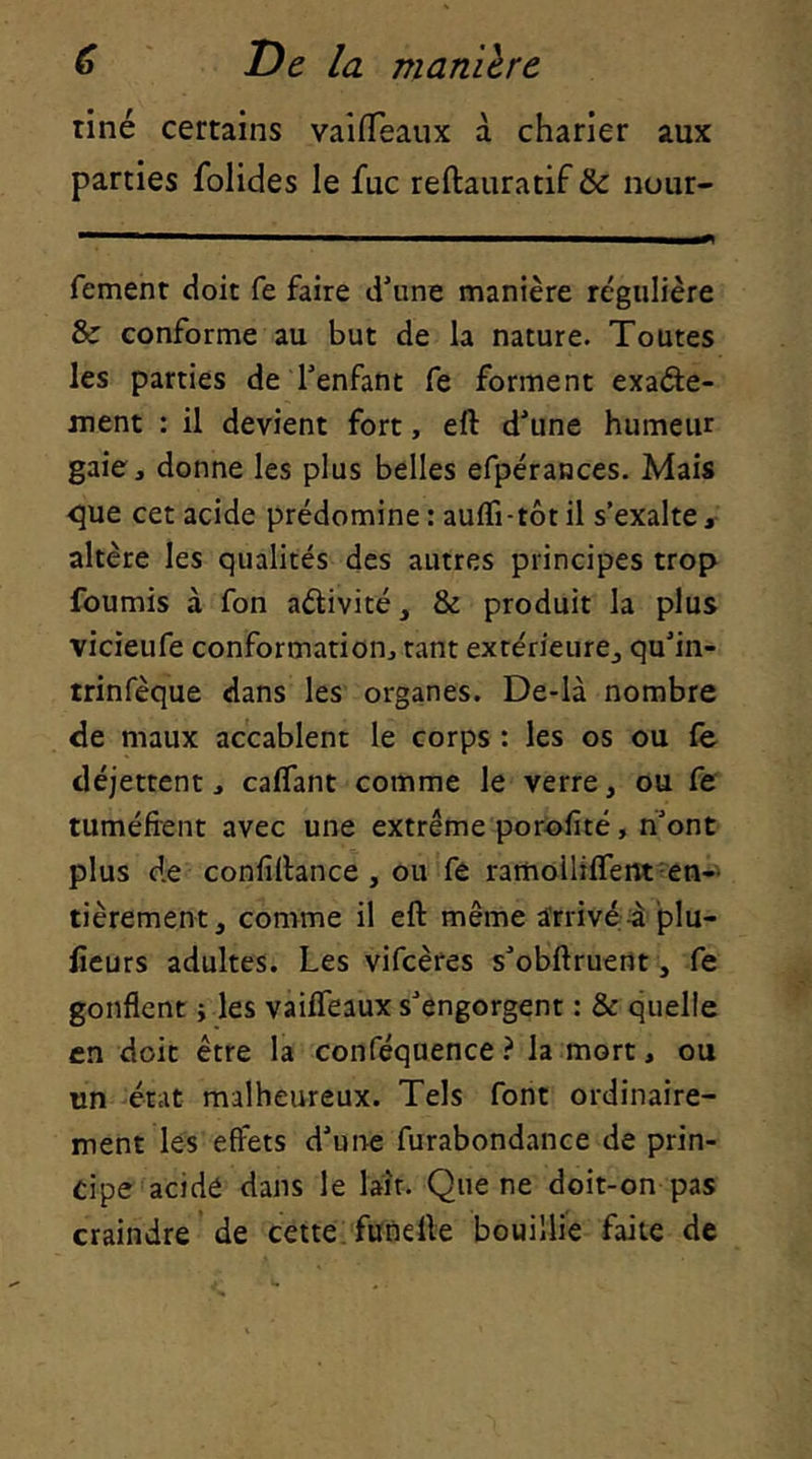 tiné certains vaifiTeaux à charier aux parties folides le fuc reftauratif & nour- fement doit fe faire d'une manière régulière & conforme au but de la nature. Toutes les parties de l'enfant fe forment exacte- ment : il devient fort, eft d'une humeur gaie, donne les plus belles efpérances. Mais que cet acide prédomine : auifi-tôt il s’exalte, altère les qualités des autres principes trop fournis à fon adivité, & produit la plus vicieufe conformation, tant extérieure, qu'in- trinfèque dans les organes. De-là nombre de maux accablent le corps : les os ou le déjetrent, caflant comme le verre, ou fe tuméfient avec une extrême porofité, h'ont plus de confillance , ou fe ramollilTent-en- tièrement, comme il eft même Arrivé ^ plu- fieurs adultes. Les vifcères s'obftruent, fe gonflent ; les vaiffeaux s'engorgent : & quelle en doit être la conféquence? la mort, ou un état malheureux. Tels font ordinaire- ment lés effets d'une furabondance de prin- cipe acidé dans le lait. Que ne doit-on pas craindre de cette; funefte bouillie faite de