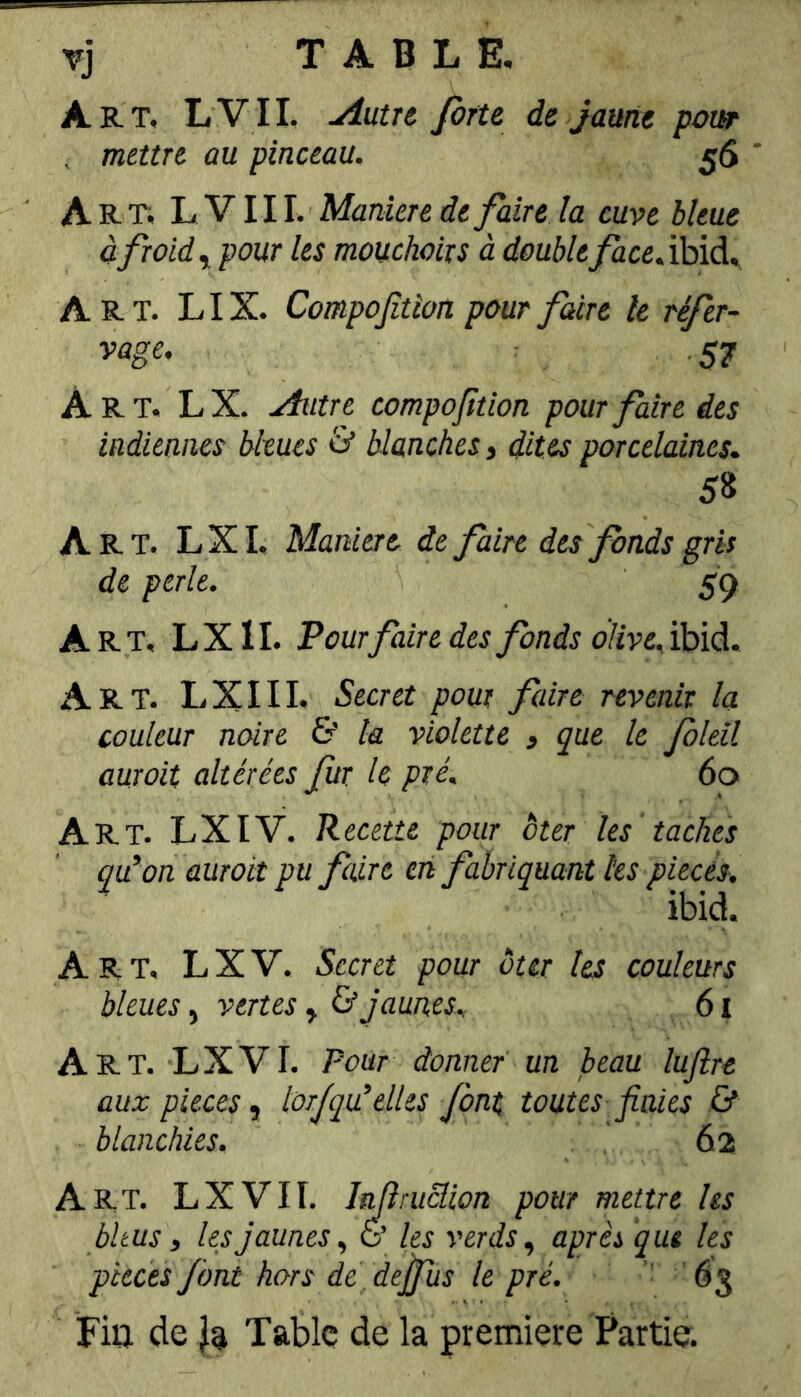 Art, LVH. Autrt Jbrte de jaune pot» , mettre au pinceau. 56- Art. L V111. Maniéré de faire la cuve bleue à froid pour les mouchoirs à double/àc^.ibid,. Art. LIX. Compojîüon pour faire le réfer- vage. 57 Art. LX. Ætre compojîüon pour faire des indiennes bleues & blanches, dites porcelaines, 58 Art. LXI. Maniéré de faire des fonds gris de perle. 59 Art. L X11. Pourfaire des fonds olive., ibid. Art. LXI II, Secret pour faire revenir la couleur noire &' la violette » que le foleil auroit altérées Jîtr le pré, 6o Art. LXIV. Recette pour ôter les taches qu’on auroit pu faire en fabriquant les pièces. ibid. Art, LXV. Secret pour ôter les couleurs bleues, vertes y & Jaunes. 61 Art. LXVI. Pour donner un beau luftre aux pièces y lorjqu’elles font toutes Jîaies 6* blanchies. 62 Art. LXVII. InJlruSion pour mettre les bit us, les jaunes y & les verdSy après que les pièces font hors de dejfus le pré. 63 Fia de Table de la première Partie.