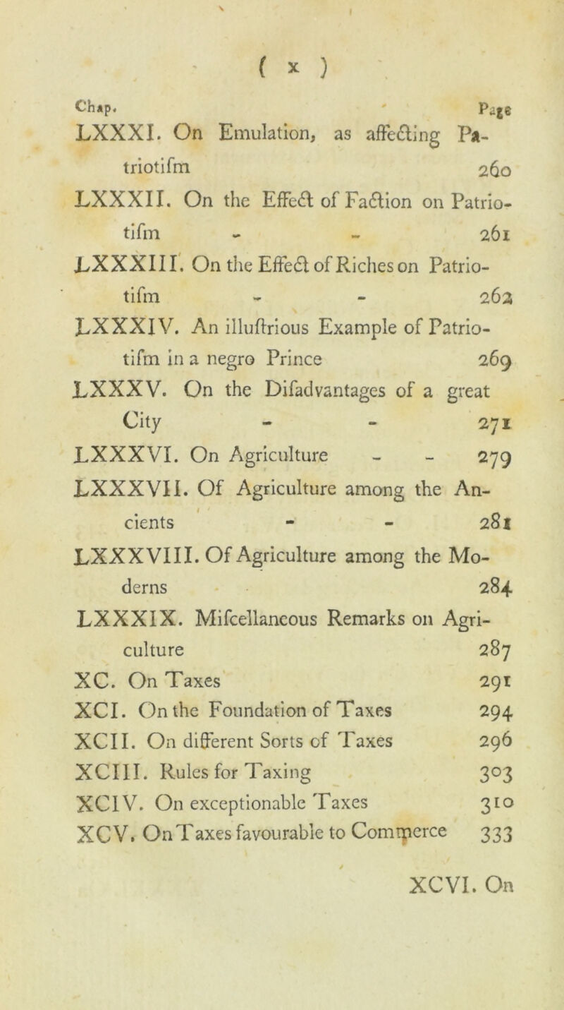 Ch*p. ' Page LXXXI. On Emulation, as affe&ing Pa- triotifm 260 LXXXII. On the Effect of Fa£tion on Patrio- tifm - - 261 LXXXIII. On the Effedi of Riches on Patrio- tifm - - 26a LXXXIV. An illuflrious Example of Patrio- tifm in a negro Prince 269 LXXXV. On the Difadvantages of a great City - - 271 EXXXVL On Agriculture - - 279 LXXXVII. Of Agriculture among the An- 1 cients - - 281 LXXXVIII. Of Agriculture among the Mo- derns 284. LXXXIX. Mifcellaneous Remarks 011 Agri- culture 287 XC. On Taxes 291 XCI. On the Foundation of Taxes 294 XCII. On different Sorts of Taxes 296 XCIII. Rules for Taxing 303 XCIV. On exceptionable Taxes 310 XCV. OnTaxes favourable to Commerce 333 XCYI. On