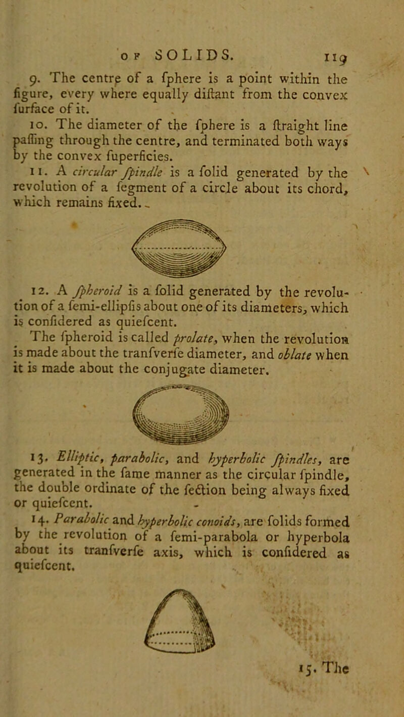 of SOLIDS, ii^ 9. The centre of a fphere is a point within the figure, every where equally diflant from the convex furface of it. 10. The diameter of the fphere is a flraight line palling through the centre, and terminated both ways by the convex fuperficies. 11. A circular fpindle is a folid generated by the ^ revolution of a fegment of a circle about its chord, which remains fixed._ 12. A Jpheroid is a folid generated by the revolu- tion of a femi-ellipfis about one of its diameters, which 15 confidered as quiefcent. The fpheroid is called prolate, when the revolution is made about the tranfverfe diameter, and oblate when it is made about the conjugate diameter. 13. Elliptic, parabolic, and hyperbolic fpindles, are generated in the fame manner as the circular fpindle, the double ordinate of the fedtion being always fixed or quiefcent. 14. Parabolic and hyperbolic conoids, are folids formed by the revolution of a femi-parabola or hyperbola about its tranfverfe axis, which is confidered as quiefcent. IS-The