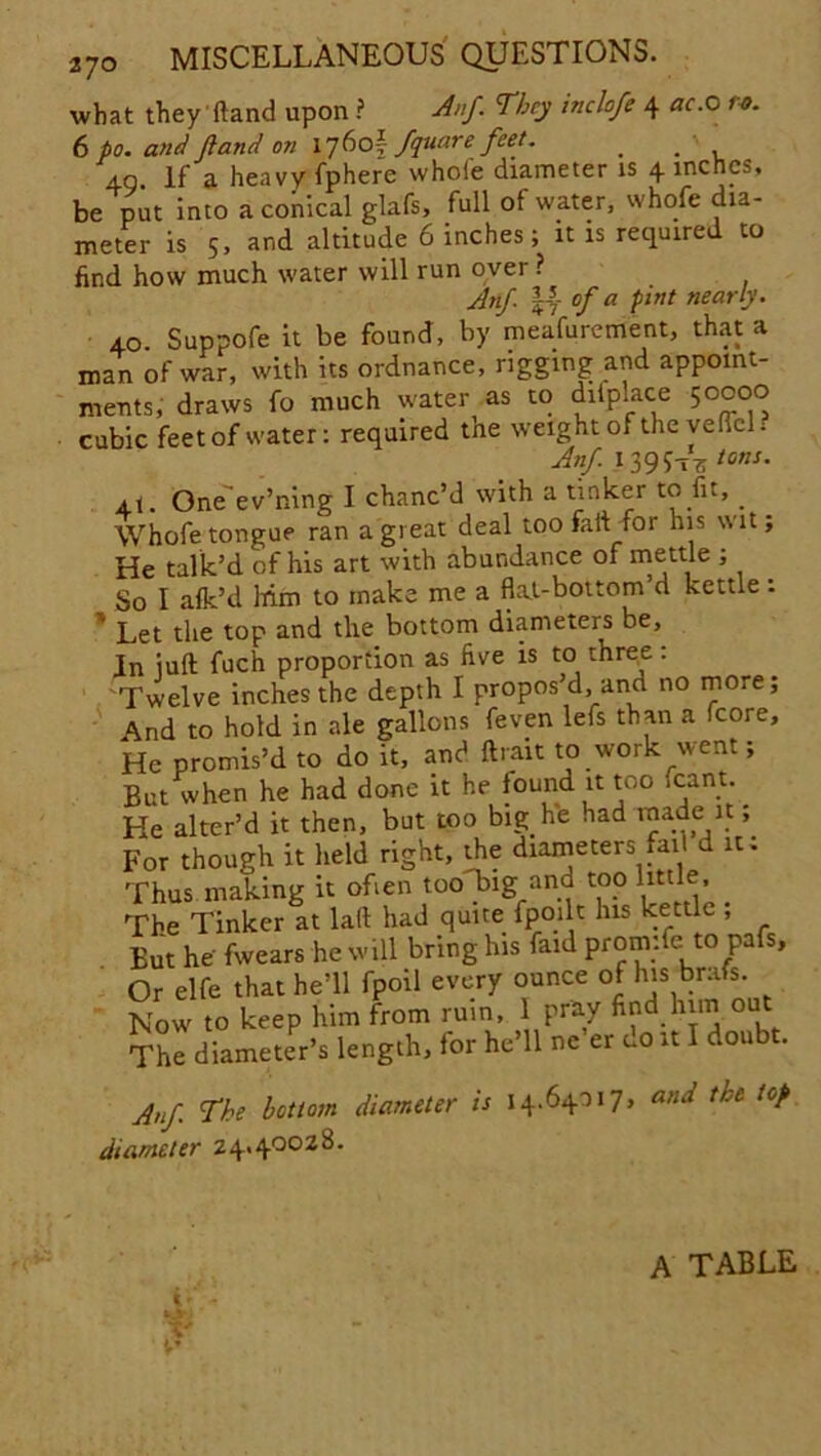 what they (land upon ? Anf They inclofe 4 ac.o r*. 6 po. and Jland on 17 60* fquare feet. _ . , 4.0. If a heavy fphere whole diameter is 4 inches, be put into a conical glafs, full of water, whofe dia- meter is 5, and altitude 6 inches; it is required to find how much water will run over ? AnJ. °fa Pint near0'- 40. Suppofe it be found, by measurement, that a man of war, with its ordnance, rigging and appoint- ments, draws fo much water as to dilplace 50000 cubic feet of water: required the weight of the veflcL Anf I39Lr5 tons' At. One'ev’ning I chanc’d with a tinker to fit, Whofe tongue ran a great deal too fait for his wit; He talk’d of his art with abundance of mettle ; So I afk’d him to make me a flal-bottom’d kettle: ' Let the top and the bottom diameters be, In juft fuch proportion as five is to three: Twelve inches the depth I propos’d, and no more; And to hold in ale gallons feven lefs than a fcore. He promis’d to do it, and ft.-ait to work went; But when he had done it he found it too .cant. He alter’d it then, but too big he had made it; For though it held right, the diameters fait d it; Thus making it often too big and too little. The Tinker at laft had quite fpoilt his kettle , But he fwears he will bring his faid promile to pafs. Or elfe that he’ll fpoil every ounce ofhis brafs. Now to keep him from ruin, 1 pray find him out The diameter’s length, for he’ll ne’er do it I doubt. Anf. The bottom diameter is 14.64017, and the top diameter Z4.40028. A TABLE