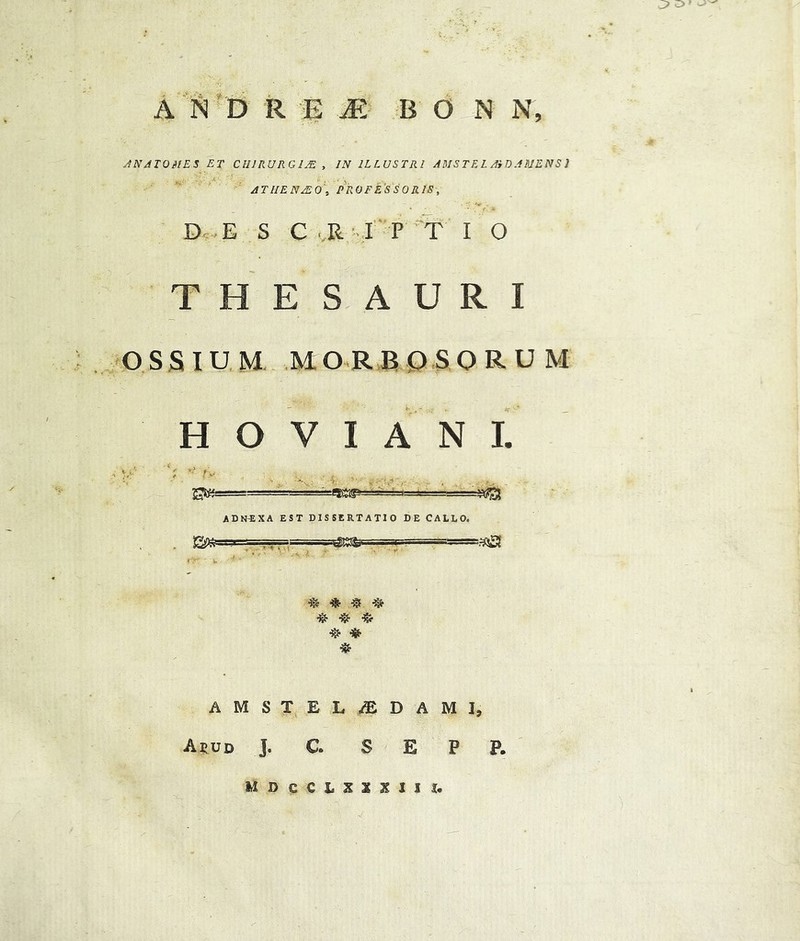 ANATOMES ET CUlRURGltf , IN 1LLUSTRI AM S T E L Ai D A MEN SI A T HE NEE 0PROF ES S ORIS, D E S C ■ R I P T I O THESAURI OSSIUM MORB O SO R U M H O V I A N I. ’^ *; rv H • 4. v,. I — ADN-EXA EST DISSERTATIO DE CALLO, gjtt ,T7 777-, - ^ '  - - — 30 rr ■ i. '• % i ' ® •& •& * AMSTELASDAM1, Ahud J. C S E P P. m o c c n n m