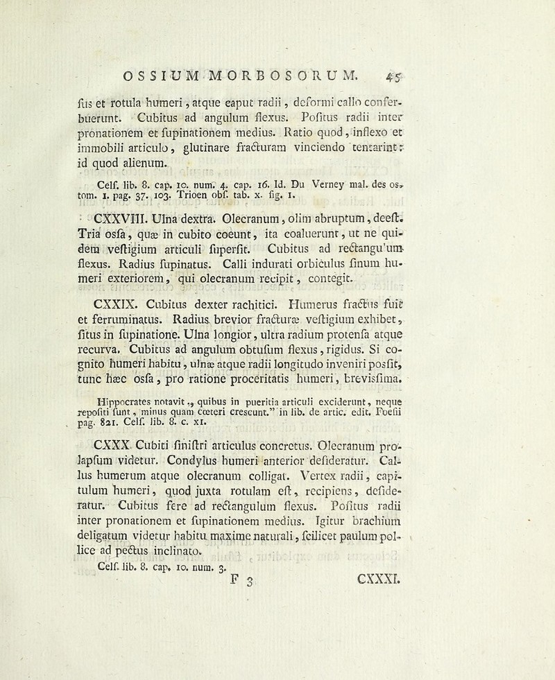 fus et rotula humeri, atqne eaput radii, dcformi callb confer- buerunt. Cubitus ad angulum flexus. Pofitus radii inter pronationem et fupinationem medius. Ratio quod , inflexo et imraobili articulo, glutinare fracluram vinciendo tentarintr id quod alienum. Celf. lib. 8. cap. io. num. 4. cap. 16. Id. Du Verney mal. des os» tom. 1. pag. 37. 103. Trioen obf. tab. x. fig. 1. CXXVni. Ulna dextra. Olecranum, olitn abruptum, deed. Tria osfa, quae in cubito coeunt, ita coaluerunr, ut ne qui- dem veftigium articuli fuperfit. Cubitus ad redlsngu’um flexus. Radius fupinatus. Calli indurati orbiculus finum hu- meri exteriorem, qui olecranum reeipit, contegit. CXXIX. Cubitus dexter rachitici. Humerus Radius fine et ferruminatus. Radius, brevior fradlurte veftigium exhibet, fitus in fupinatione. Ulna longior, ultra radium protenfa atque recurva. Cubitus ad angulum obtufum flexus, rigid us. Si co- gnito humeri habitu, ulnae atque radii longitudo inveniri posfit, tunc hsec osfa, pro ratione proceritatis humeri , brevisfima. Hippocrates notavit „ quibus in pueritia articuli exciderunt, neque repofiti funt, minus quatn cceteri crescunt.” in lib. de artic. edit. Foefii pag. 8ai. Celf. lib. 8. c. xr. CXXX Cubiti finiflri articulus concretus. Olecranum pro- lapfum videtur. Condylus humeri anterior defideratur. Cal- lus burnerum atque olecranum colligaf. Vertex radii, capi- tulum humeri, quod juxta rotulatn efl , recipiens, defide- ratur. Cubitus fere ad rectangulum flexus. Pofitus radii inter pronationem et fupinationem medius. Tgitur brachium deligatum videtur habitu maximenaturali, fcilicet paulum pol- lice ad pedlus inclinato. Celf lib. 8. cap. 10. num. 3. 17 n CXXXI.