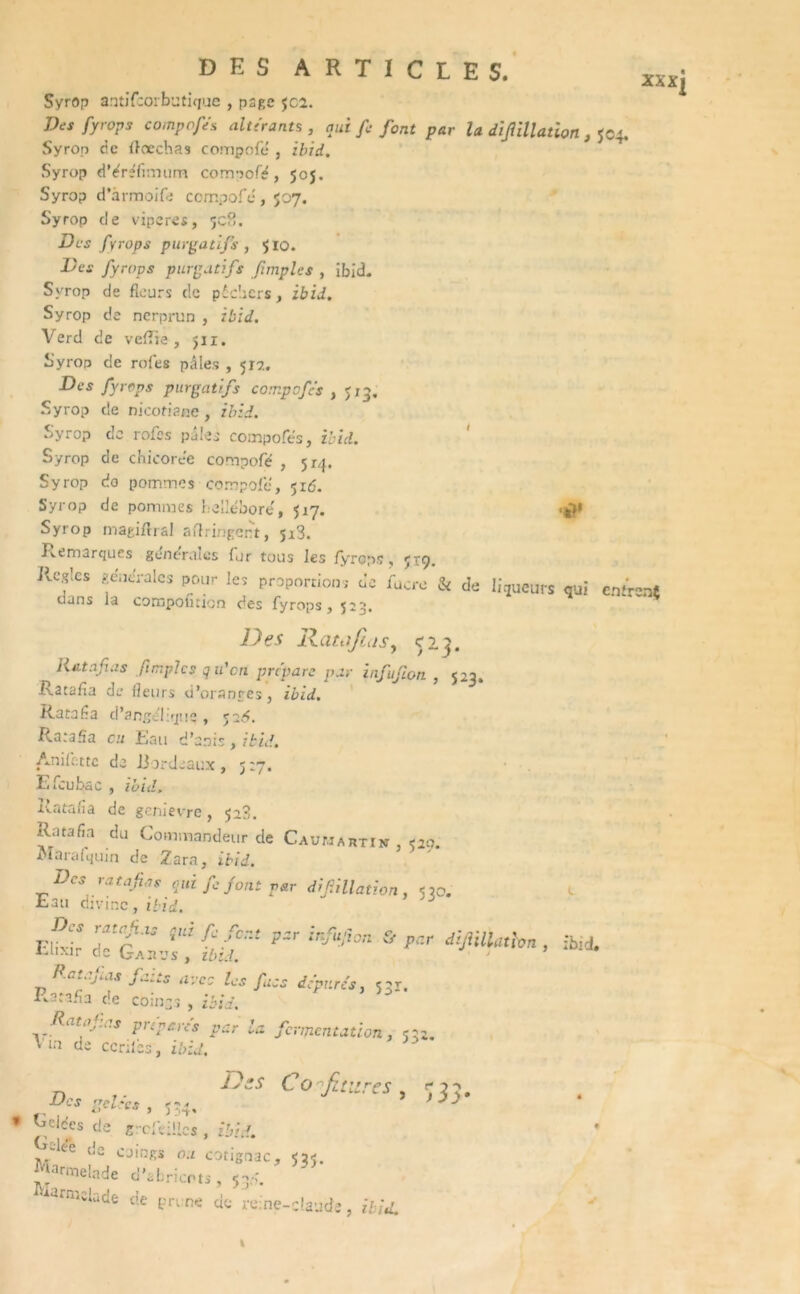 Syrop antifcorbutique , page $C2. Des fyrops compofes altérants , qui fe font par la difiliation , 504. Syrop de llœchas compofe , ibid. Syrop d’éréfimum cormofé, 50J. Syro? d’ârmoife compofe , 507. Syrop de viperes, r,c?,. Des fyrops purgatifs, î 10. Des fyrops purgatifs fnnples , ibid. Syrop de fleurs de pêchers, ibid. Syrop de nerprun , ibid. Verd de velTie , jii. Syrop de rôles pâles , 517.. Des fyrops purgatifs compofes , 513. Syrop de nicofiane, ibid. Syrop de rofes pûles compofes, ibid. Syrop de chicorée compofe , 50}. Syrop do pommes compofe, 516. Syrop de pommes hellébore', 517. '*7» Syrop magiflial aftringert, ji3. Remarques générales lur tous les fyrops, 519. ilcglcs générales pour les proportions de fucre & de liqueurs qui entrent dans la compofition des fyrops, 523. Des Ratafias, 523. Ratafias fimplcs q u'cti prépare par infufion , 523» Ratafia de fleurs d’oranges, ibid. Ratafia d’angchque , 50.6. Ratafia eu Eau d’anis , ibid. Anifette de Bordeaux , 5:7. I« fitubâC , ibid. Ratafia de genievre, 52.3. Ratafia du Commandeur de Caumartiw , 529. Marafquin de Zara, ibid. Des ratafias oui fie font par difiliation, <30. Eau divine, ibid, Ete TiZvf. ît ^ ^ SfMMhn ’ ;bii **ü’ ssi- Ratafias prépares par la fermentation, 532. Vin de ccriles, ibid. Dss Co futures , 333. Des gelecs ,534, ^ • Gelées de grcfeiües , ibid. >/*ee de coings o.t corignac, sis. ^larnaelade d’abricots, 5>. armslade de prune de reine-claude, ibid. ' XX xj 1