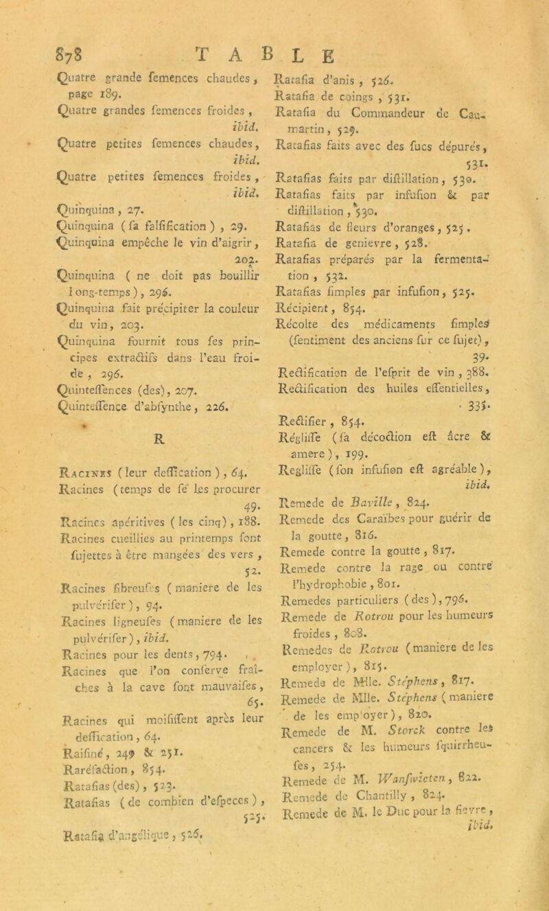 Quatre grande femences chaudes, page 189. Quatre grandes femences froides , ibid. Quatre petites femences chaudes, ibid. Quatre petites femences froides, ibid. Quinquina, 27. Quinquina ( fa falfification ) , 29. Quinquina empêche le vin d’aigrir, 202. A Quinquina ( ne doit pas bouillir 1 ong-temps ), 29$. Quinquina fait précipiter la couleur du vin, 203. Quinquina fournit tous fes prin- cipes extra&ifs dans l’eau froi- de , 296. Quinteffences (des), 207. Quintelfence d’abfynthe, 226. • R Racines (leur déification ) , 64. Racines ( temps de fe les procurer 49. Racines aperitives ( les cinq), 188. Racines cueillies au printemps font fujettes à être mangées des vers , 52. Racines fibreufes ( maniéré de les pulve'rifer ), 94. Racines ligneufes ( maniéré de les pulvérifer ), ibid. Racines pour les dents, 794. Racines que l’on conferve fraî- ches à la cave font mauvaifes, 65. Racines qui moifilTent apres leur déification, 64. Raifiné, 249 & 251. Raréfâ&ion , 854. Ratafias (des), 523. Ratafias ( de combien d’efpeccs ), 5-5- Ratafia d’augeliiue, 5;5t Ratafia d’anis , 526» Ratafia de coings , 531. Ratafia du Commandeur de Cau- martin, 529. Ratafias faits avec des fucs dépures, 531- Ratafias faits par diftillation, 530. Ratafias faits par infufion St par diftillation , *530. Ratafias de fleurs d’oranges , 525. Ratafia de genievre, 528. Ratafias préparés par la fermenta- tion , 532. Ratafias Amples par infufion, 525. Récipient, 854. Récolte des médicaments fimpleé (fentiment des anciens fur ce fujet), 39* Reflification de l’efprit de vin , 388. Redification des huiles elfenticlles, • 33Ï* Redifier , 854. Réglifte (la décodion eft âcre & amere ), 199. Regliife ( fon infufion eft agréable ), ibid. Remede de Bavillc, 824. Rcmcde des Caraïbes pour guérir de la goutte, 816. Remede contre la goutte , 817. Remede contre la rage ou contre l’hydrophobie , 801. Remedes particuliers (des), 796. Remede de Rotrou pour les humeurs froides , 8o3. Remèdes de Rotrou ( maniéré de les employer), 815. Remede de Mâle. Stephens, 817. Remede de Mlle. Stephens ( maniéré de les emp oyer)> 820. Remede de M. Storck contre les cancers Sc les humeurs iqiunheu- fes, 254. Remede de M. Wanfivicten, 822. Remede de Chantilly , 824. Remede de M. le Duc pour la fievre , ibid.