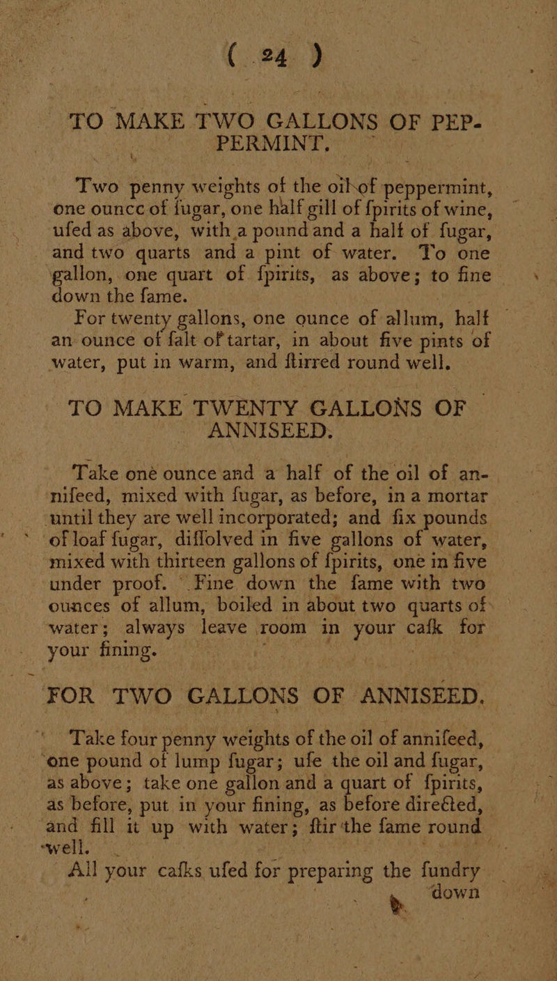 TO MAKE TWO GALLONS OF PEP- 3 FERMINT, °° Two penny weights of the oihof peppermint, one ouncc of {ugar, one half gill of {pirits of wine, ufed as above, with.a poundand a halt of fugar, gallon, one quart of fpirits, as above; to fine down the fame. | For twenty gallons, one ounce of allum, half — an ounce of falt of tartar, in about five pints of water, put in warm, and ftirred round well. — TO MAKE TWENTY GALLONS OF ANNISEED. Take oné ounce and a half of the oil of an- nifeed, mixed with fugar, as before, in a mortar until they are well incorporated; and fix pounds of loaf fugar, diflolved in five gallons of water, mixed with thirteen gallons of {pirits, one in five under proof. Fine down the fame with two ounces of allum, boiled in about two quarts of: — water; always leave room in your cafk for your fining. | FOR TWO GALLONS OF ANNISEED. Take four penny weights of the oil of annifeed, © one pound of lump fugar; ufe the oil and fugar, as above; take one gallon and a quart of {pirits, as before, put in your fining, as before directed, ‘and fill it up with water; ftirthe fame round “well. 4 : Semen All your cafks ufed for preparing the fundry Mee Ce q down